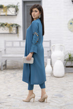 Zaiwa Teal Blue Linen 2pc Cutwork Sleeves Designer Dress | Sku Code: ZBRW10