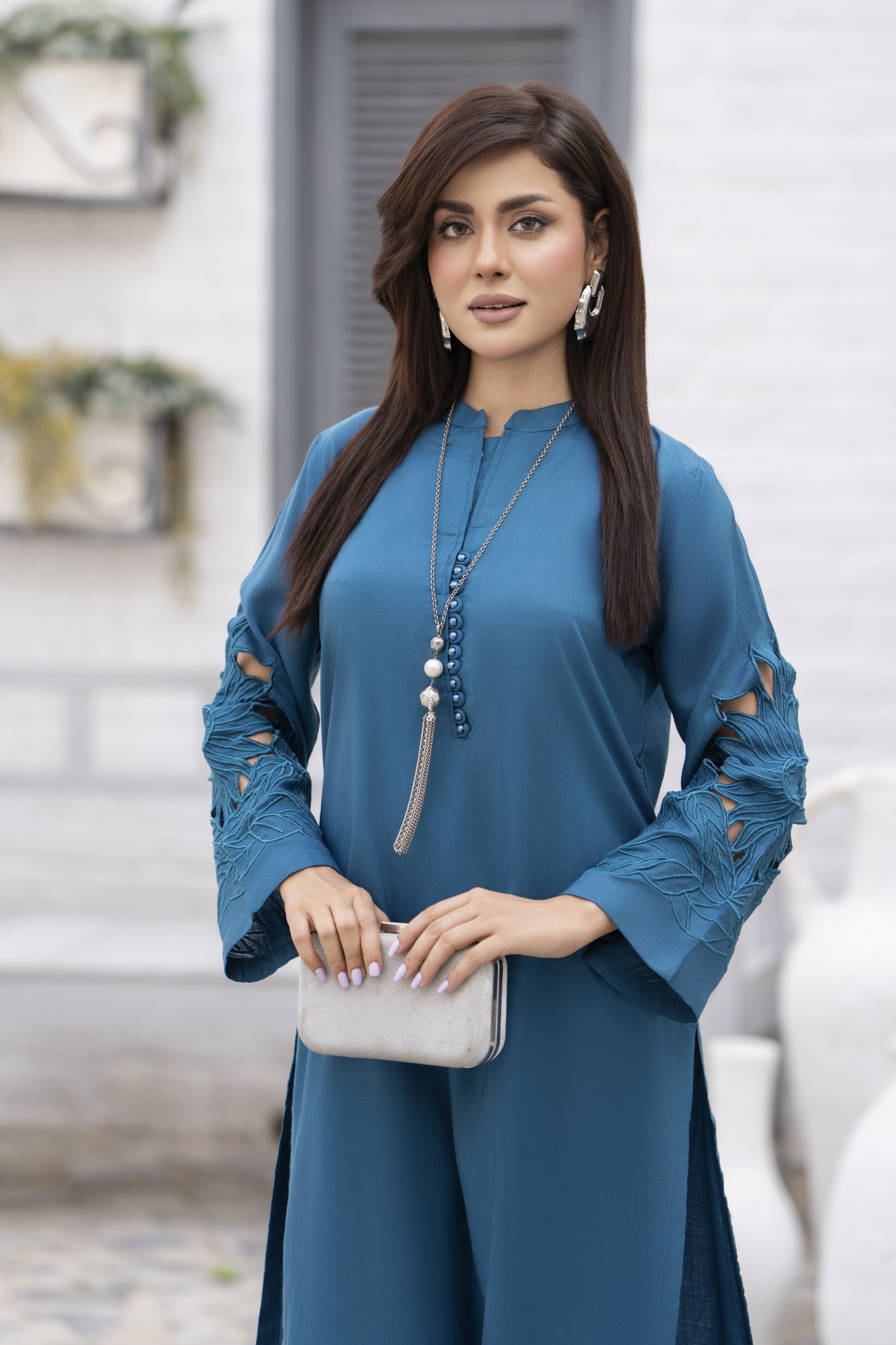 Zaiwa Teal Blue Linen 2pc Cutwork Sleeves Designer Dress | Sku Code: ZBRW10