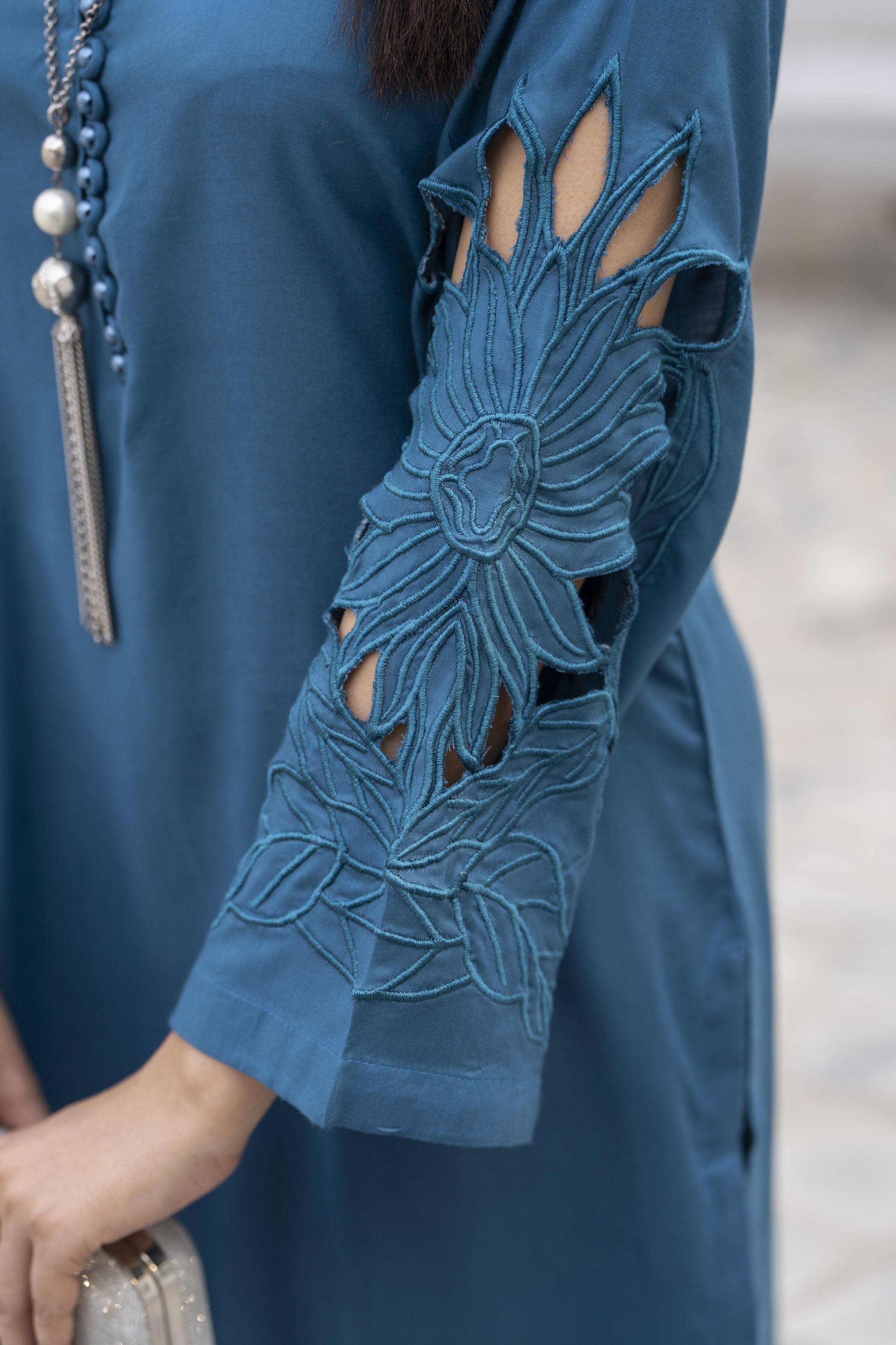 Zaiwa Teal Blue Linen 2pc Cutwork Sleeves Designer Dress | Sku Code: ZBRW10