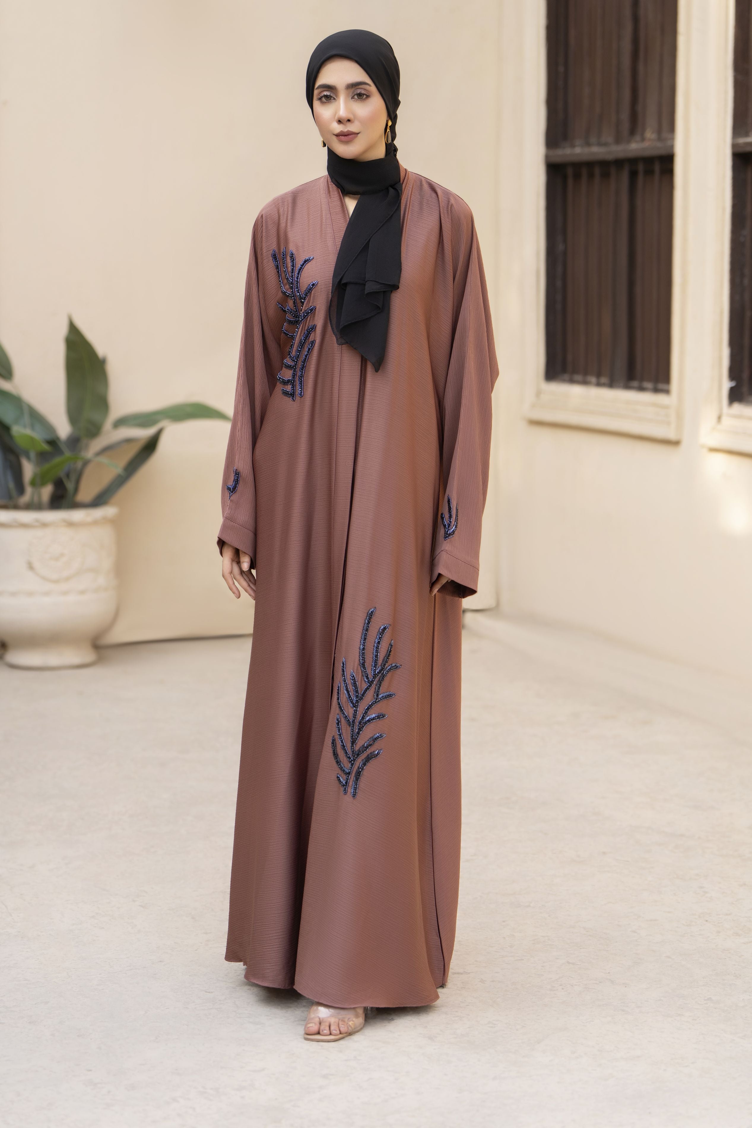 Rust Nida Abaya with Navy Beaded Handwork – Zaina Luxe Drapes Collection ZLD9