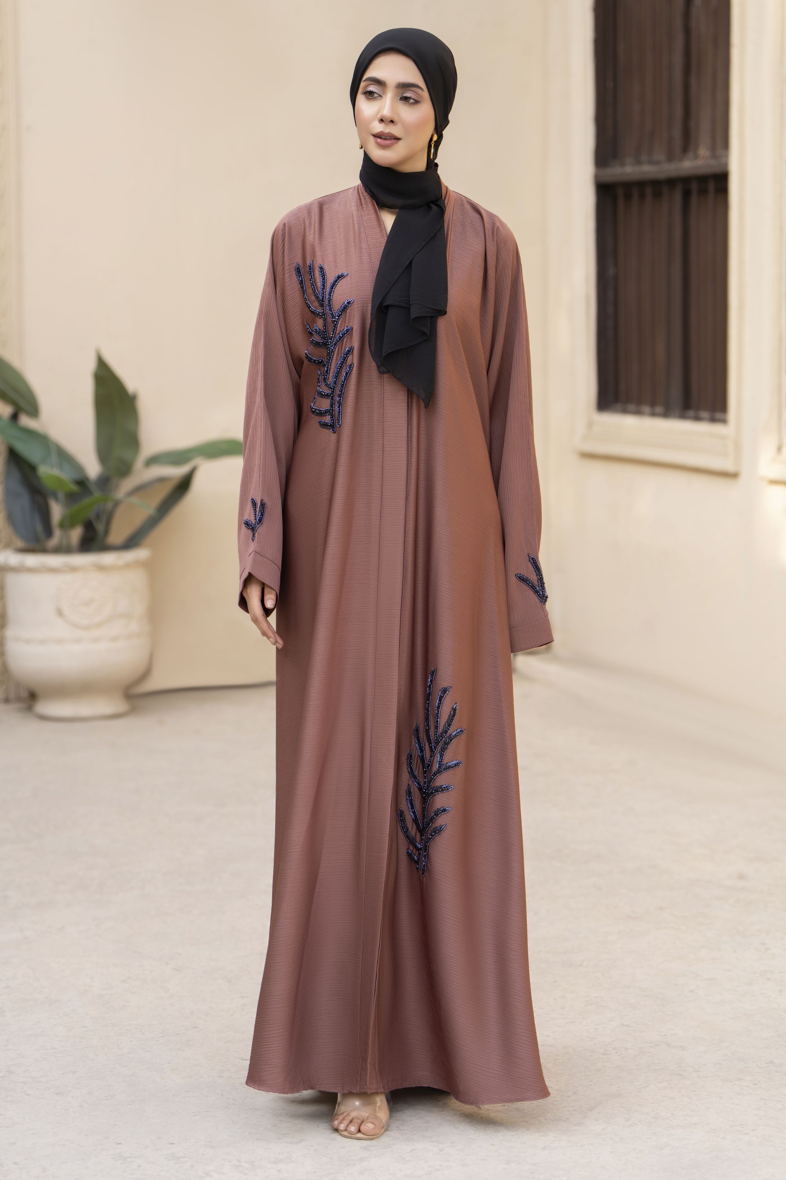 Rust Nida Abaya with Navy Beaded Handwork – Zaina Luxe Drapes Collection ZLD9