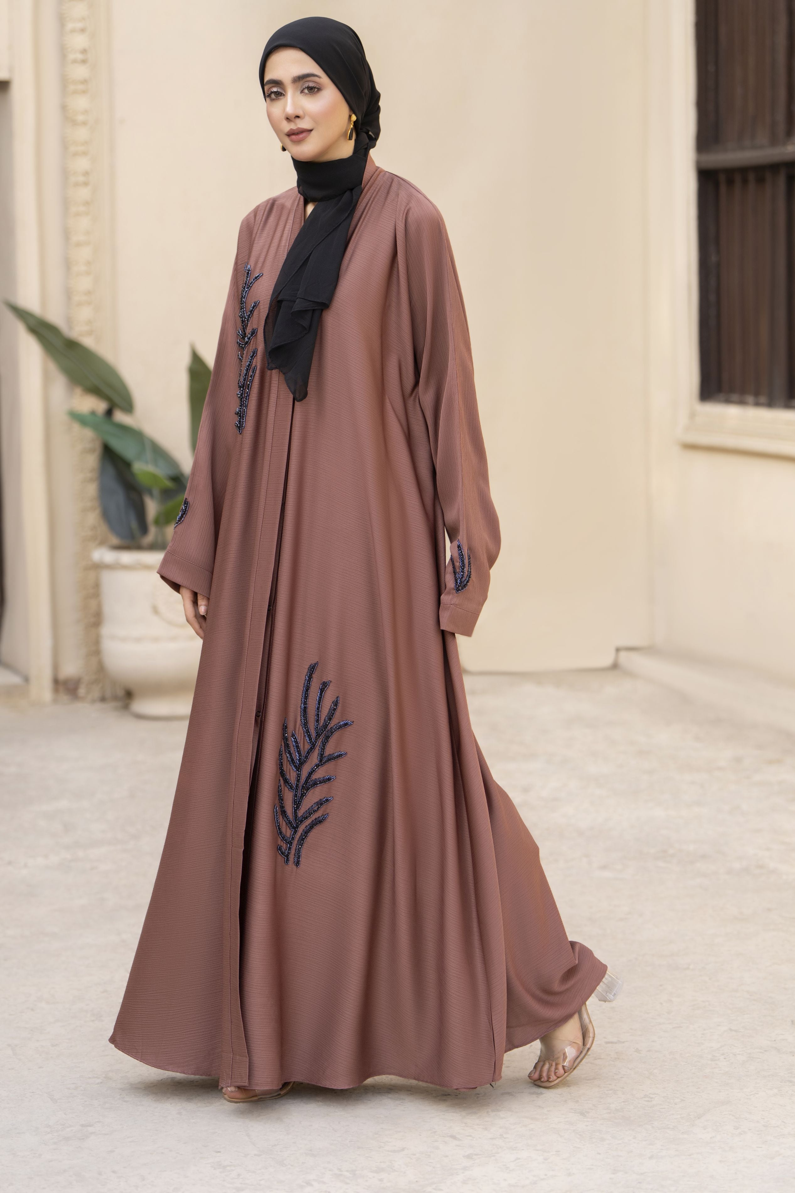 Rust Nida Abaya with Navy Beaded Handwork – Zaina Luxe Drapes Collection ZLD9