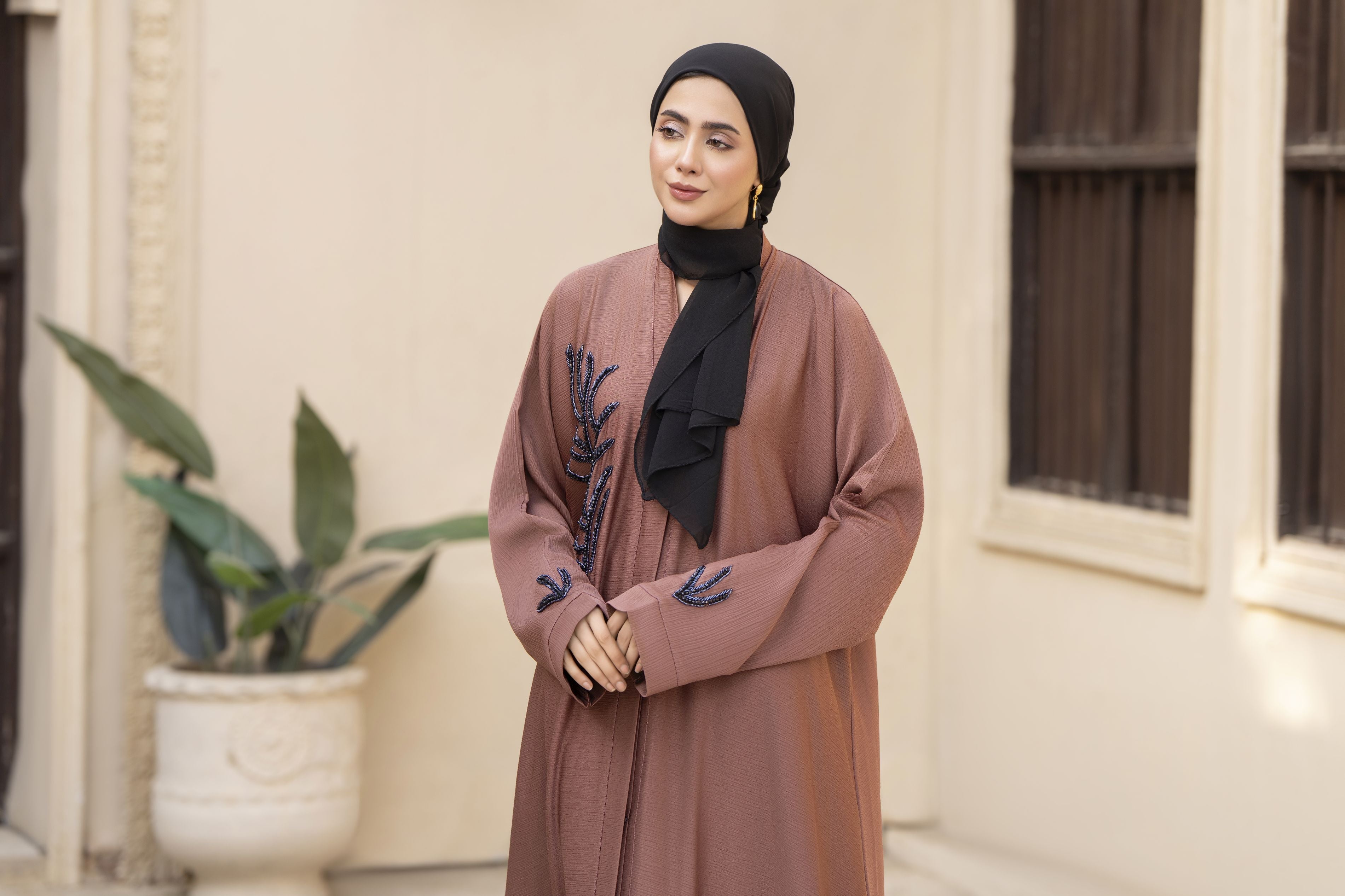 Rust Nida Abaya with Navy Beaded Handwork – Zaina Luxe Drapes Collection ZLD9