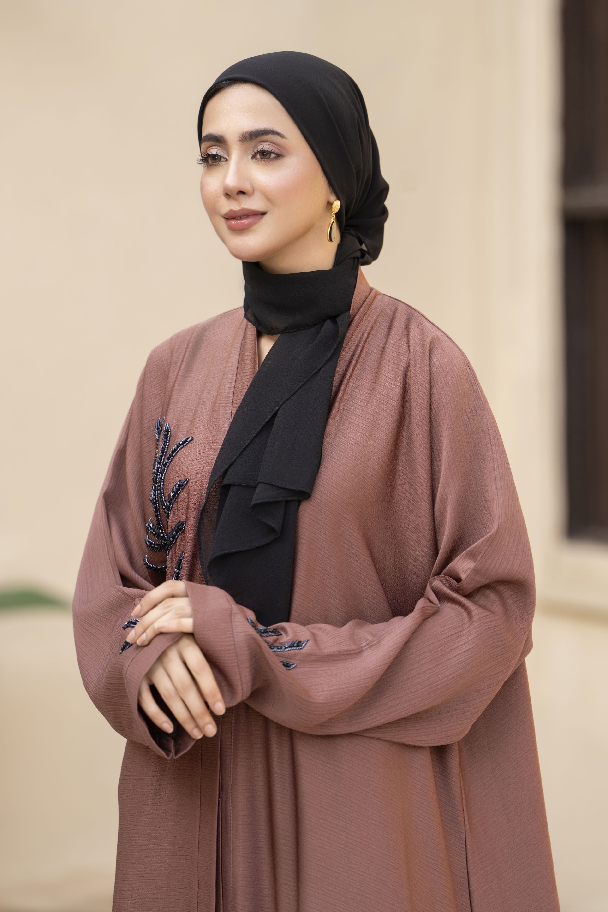 Rust Nida Abaya with Navy Beaded Handwork – Zaina Luxe Drapes Collection ZLD9
