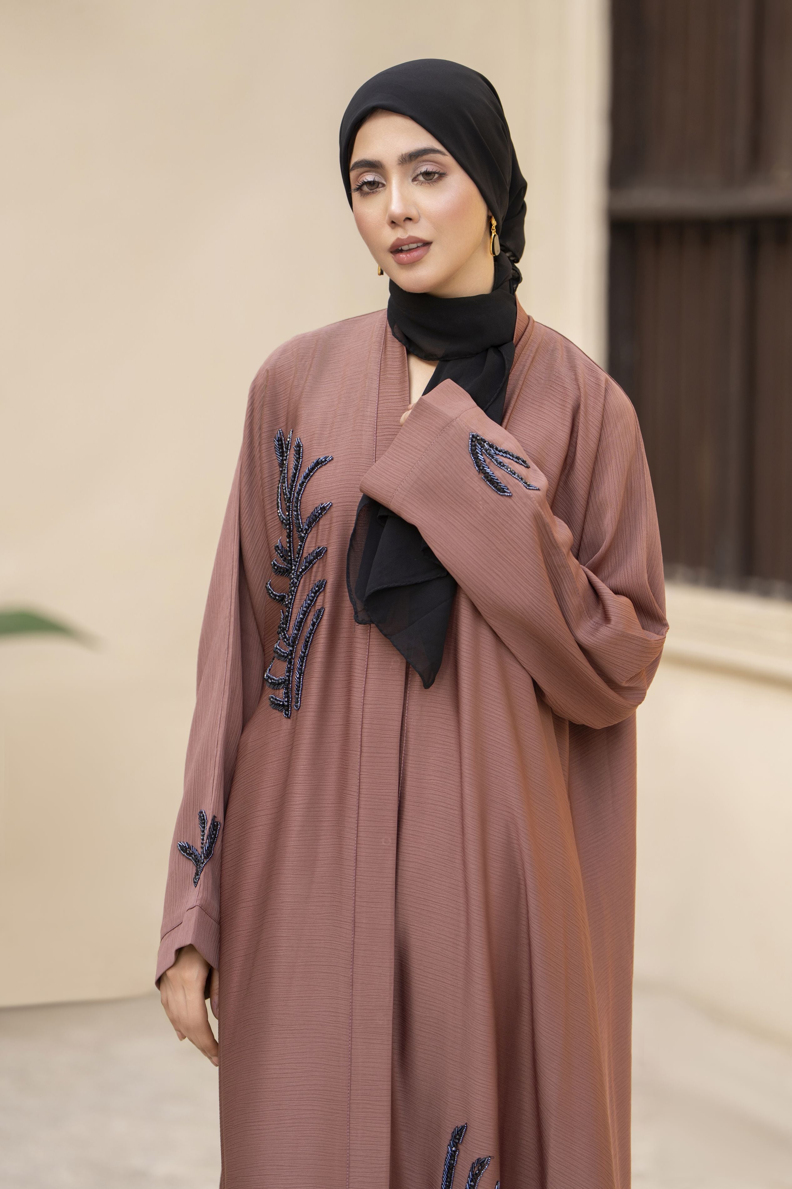 Rust Nida Abaya with Navy Beaded Handwork – Zaina Luxe Drapes Collection ZLD9