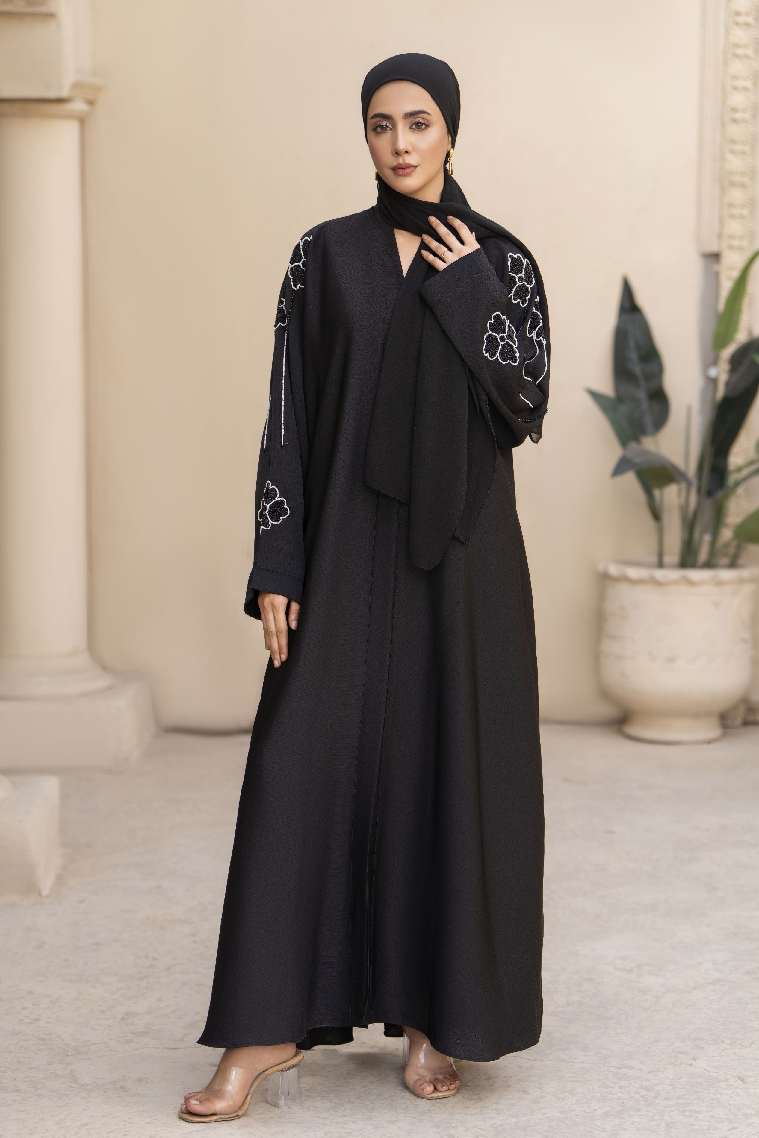 Black Nida Abaya with White Floral Handwork – Zaina Luxe Drapes Collection ZLD8