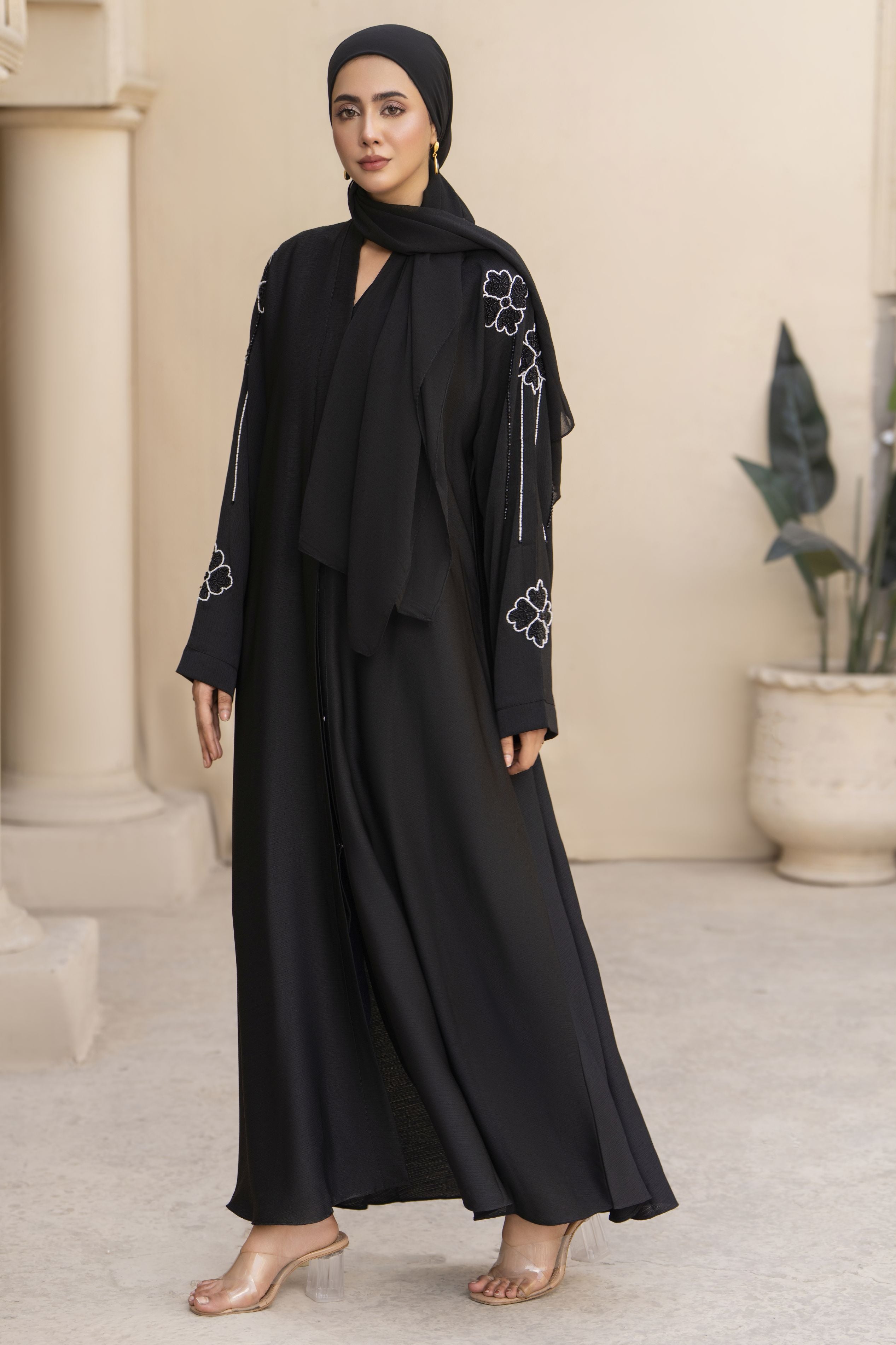 Black Nida Abaya with White Floral Handwork – Zaina Luxe Drapes Collection ZLD8