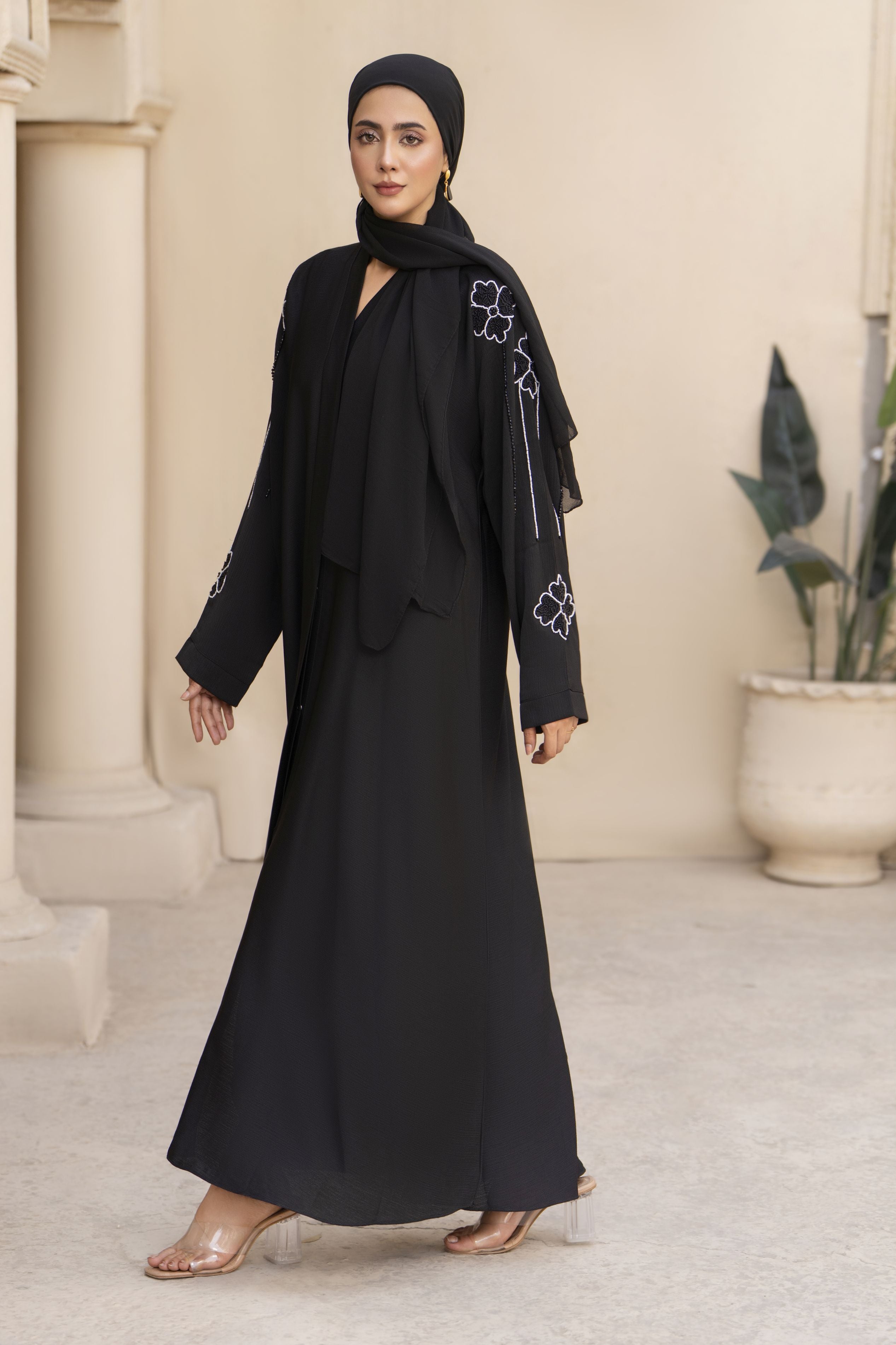 Black Nida Abaya with White Floral Handwork – Zaina Luxe Drapes Collection ZLD8