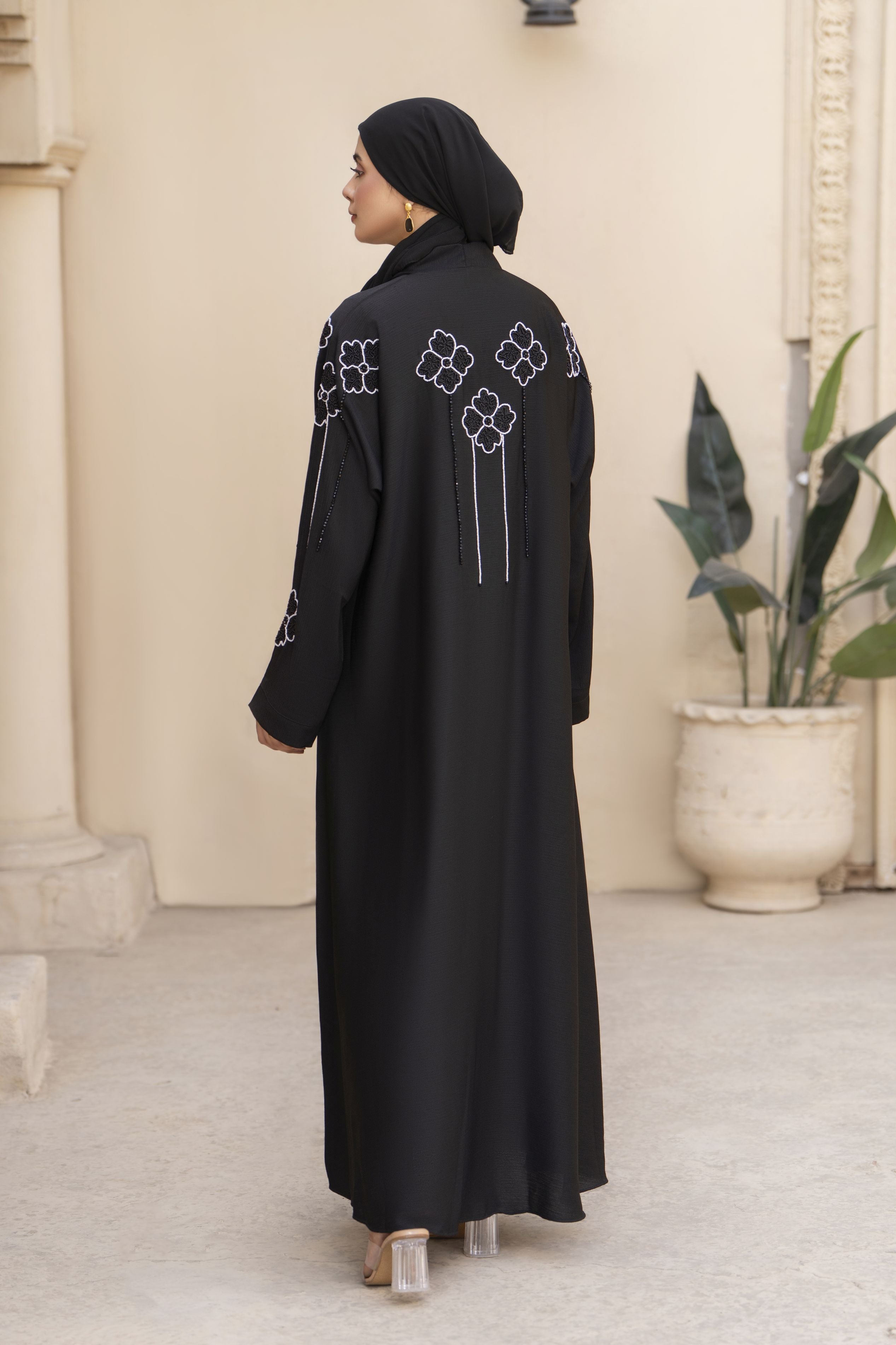 Black Nida Abaya with White Floral Handwork – Zaina Luxe Drapes Collection ZLD8