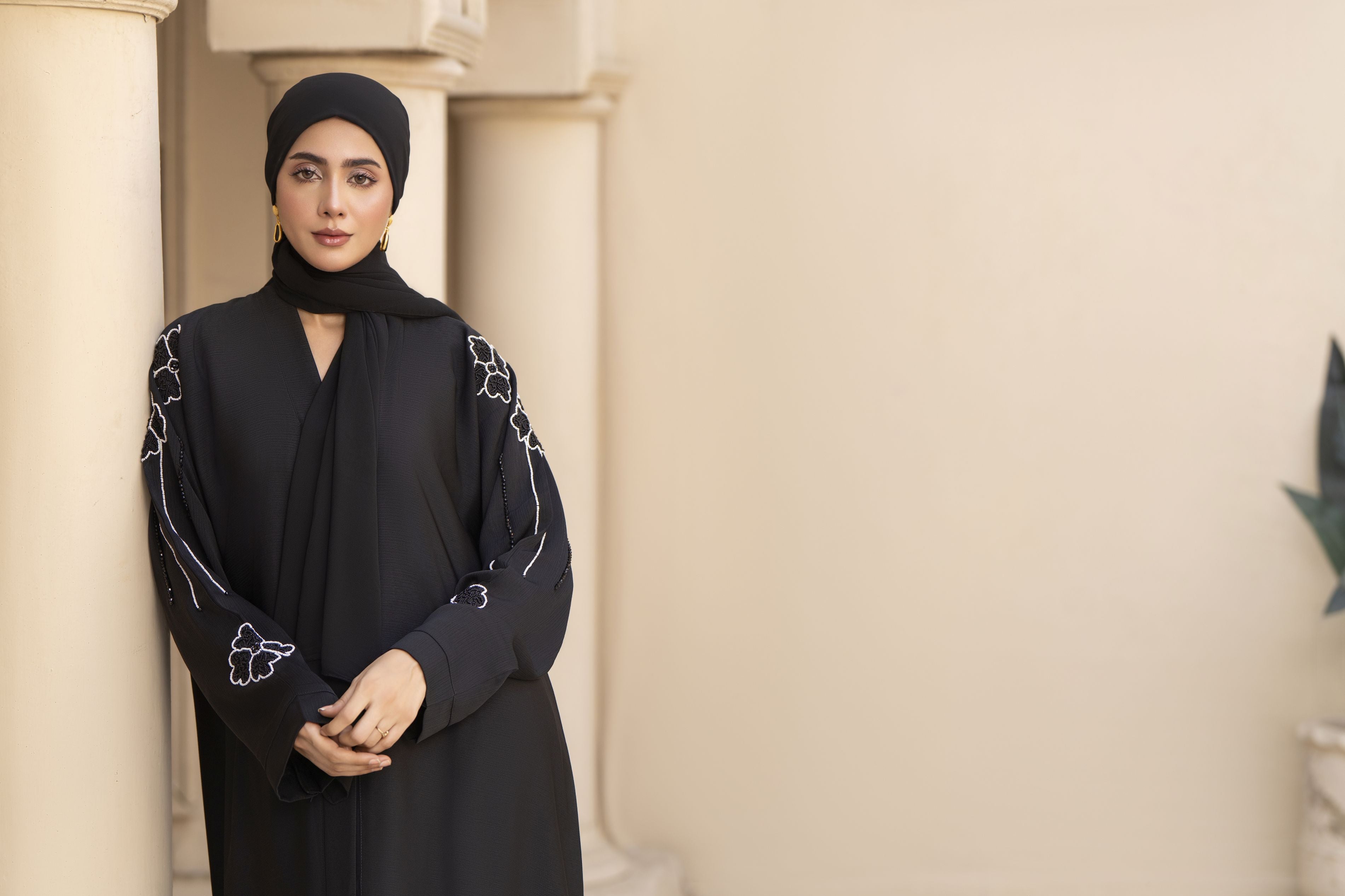 Black Nida Abaya with White Floral Handwork – Zaina Luxe Drapes Collection ZLD8