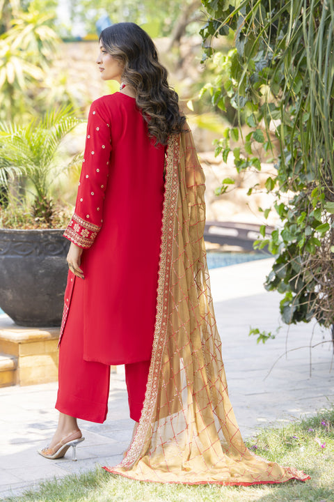 Radiant Red Embroidered 3pc Raw Silk Suit – Roshni1 by Gul Warun