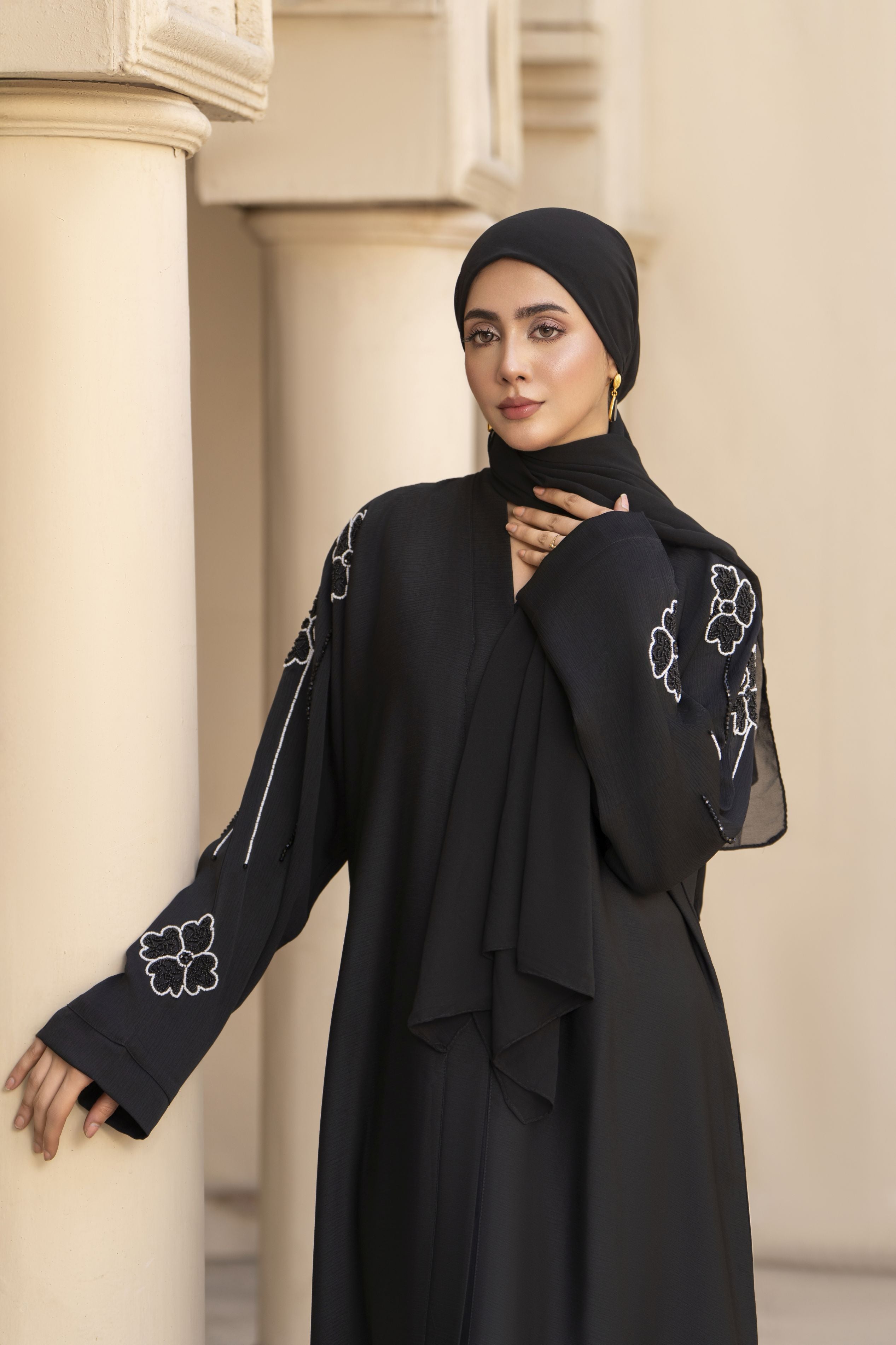 Black Nida Abaya with White Floral Handwork – Zaina Luxe Drapes Collection ZLD8