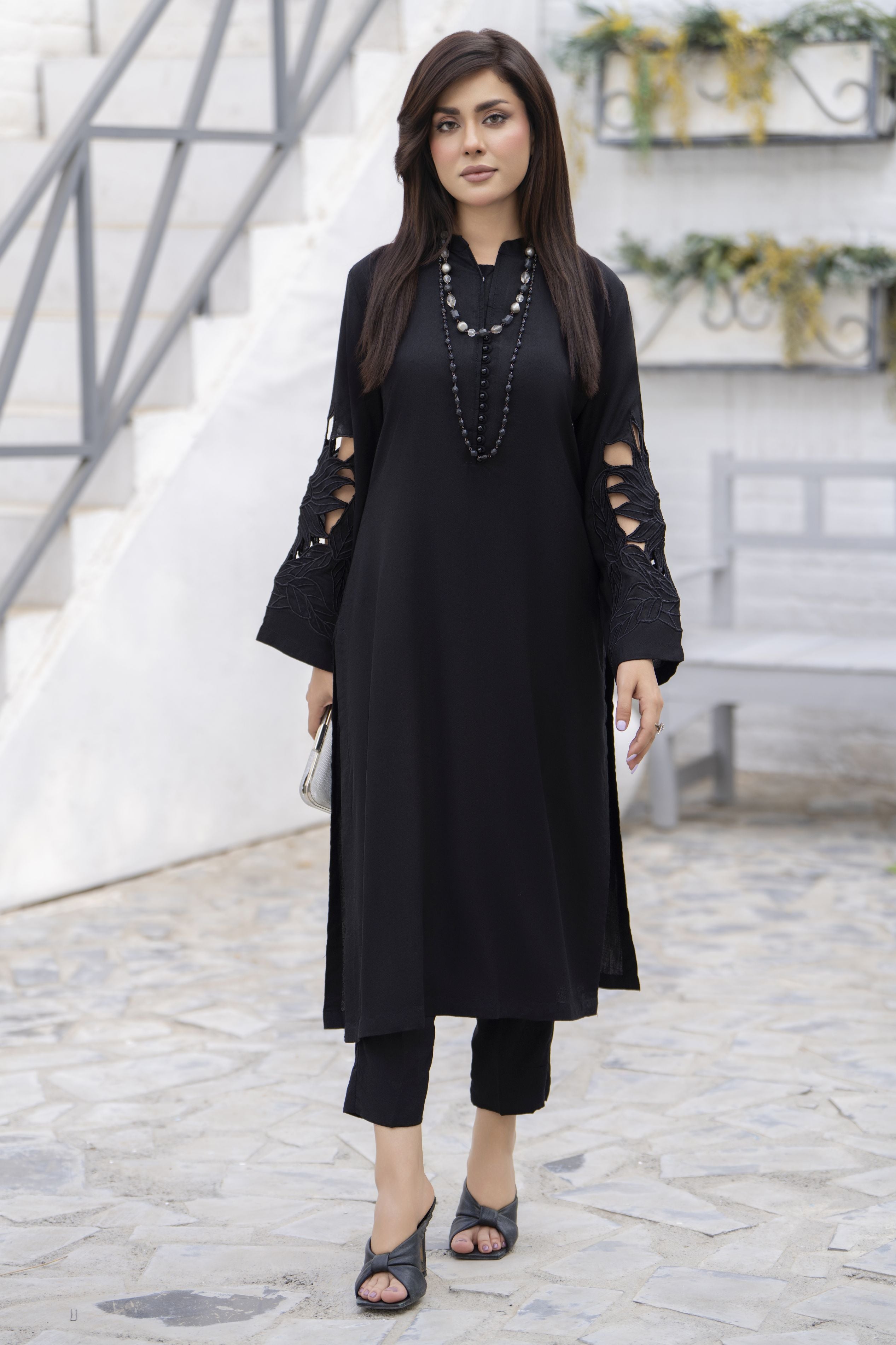 Zaiwa Black Linen 2pc Cutwork Sleeves Designer Womenswear | Sku Code: ZBRW9