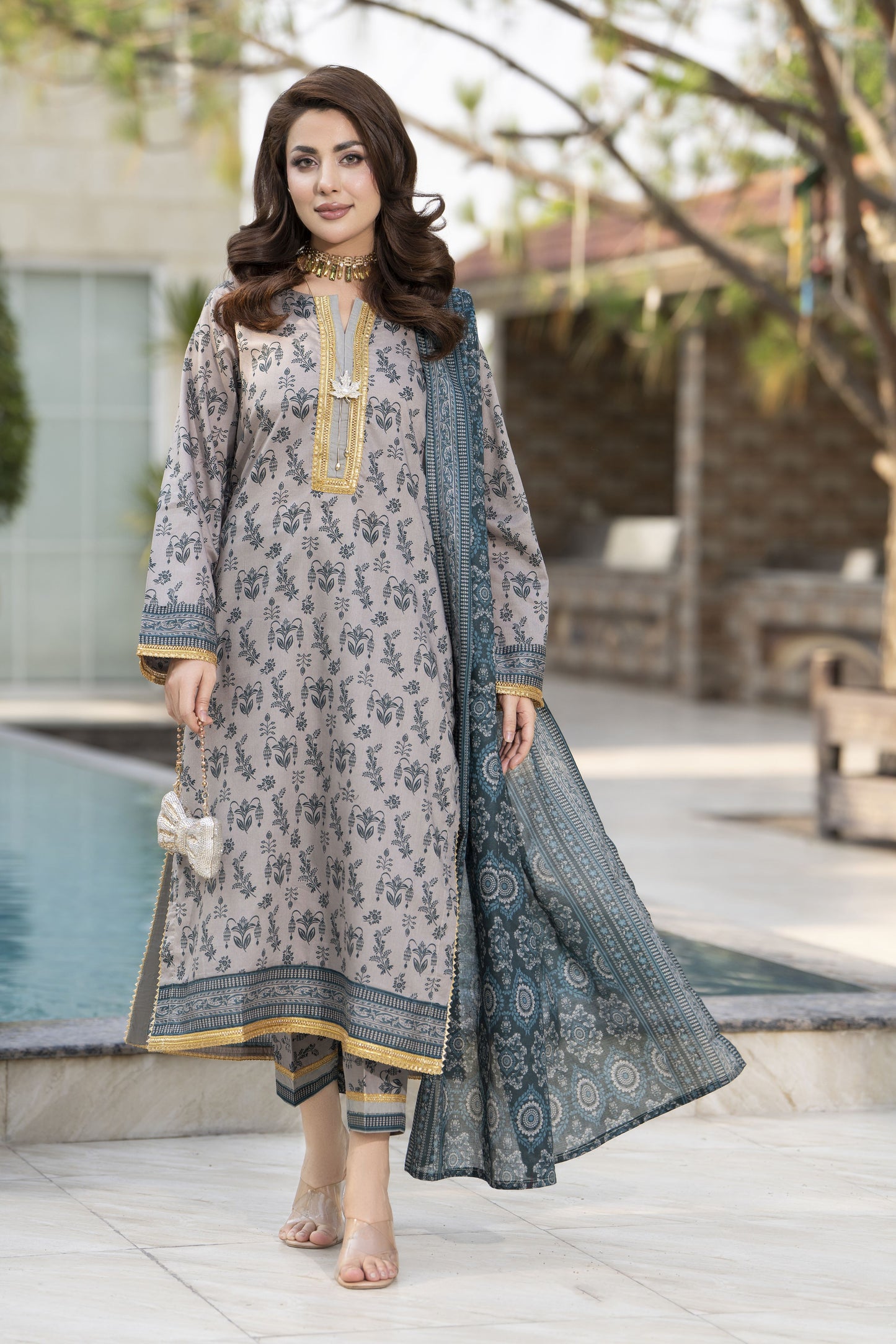 Zaina Bliss 3pc Printed Lawn Suit With Gota Work Bliss10