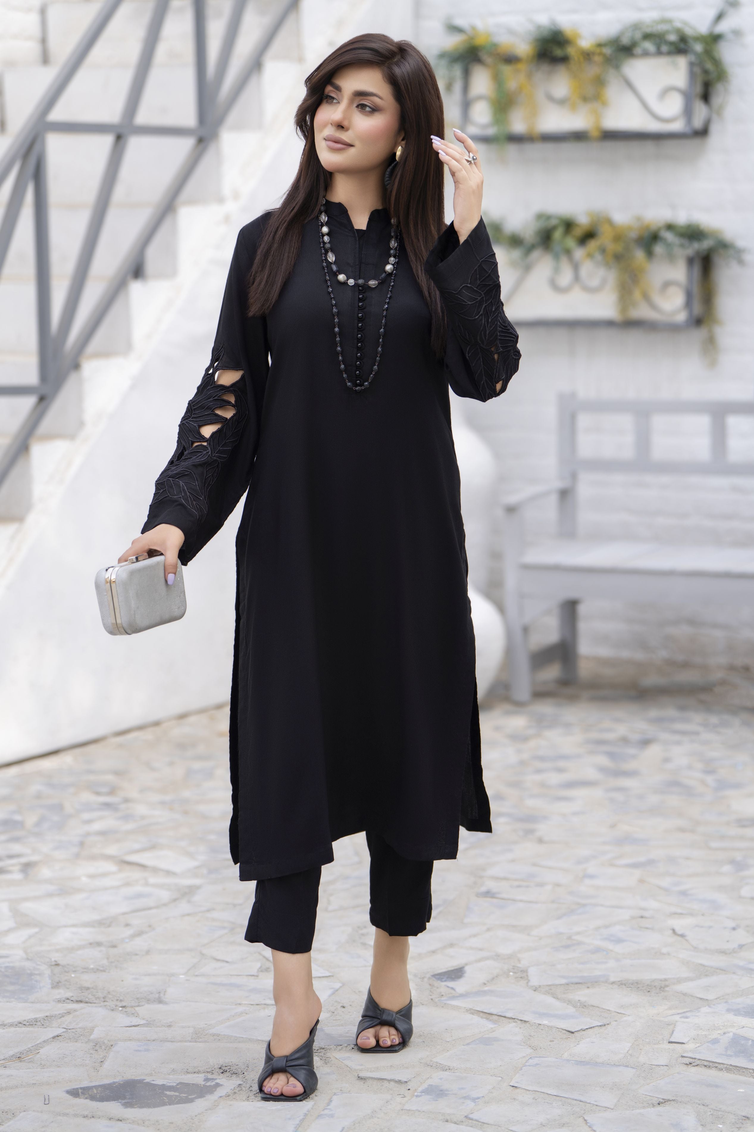 Zaiwa Black Linen 2pc Cutwork Sleeves Designer Womenswear | Sku Code: ZBRW9