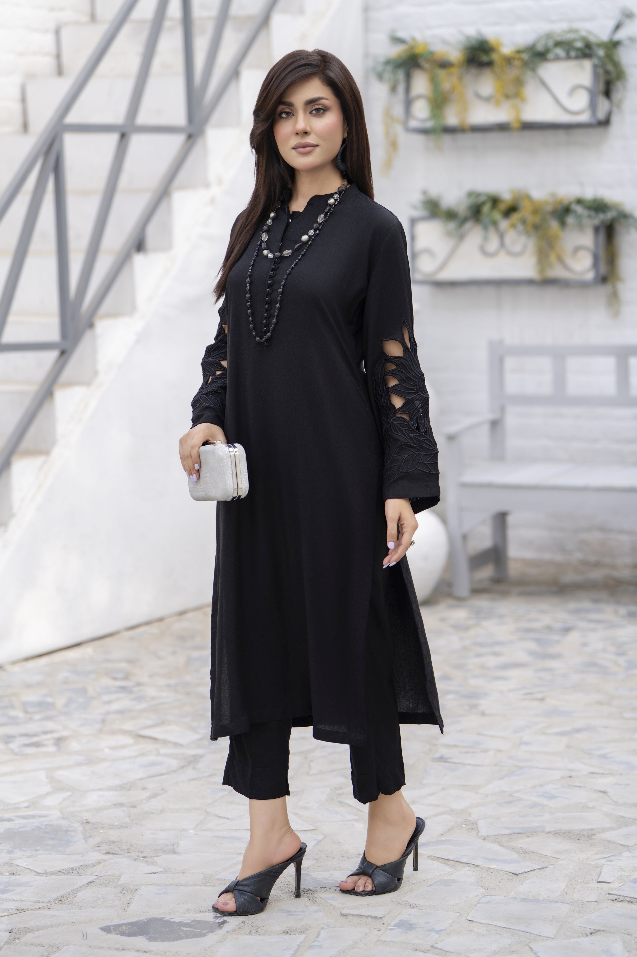 Zaiwa Black Linen 2pc Cutwork Sleeves Designer Womenswear | Sku Code: ZBRW9