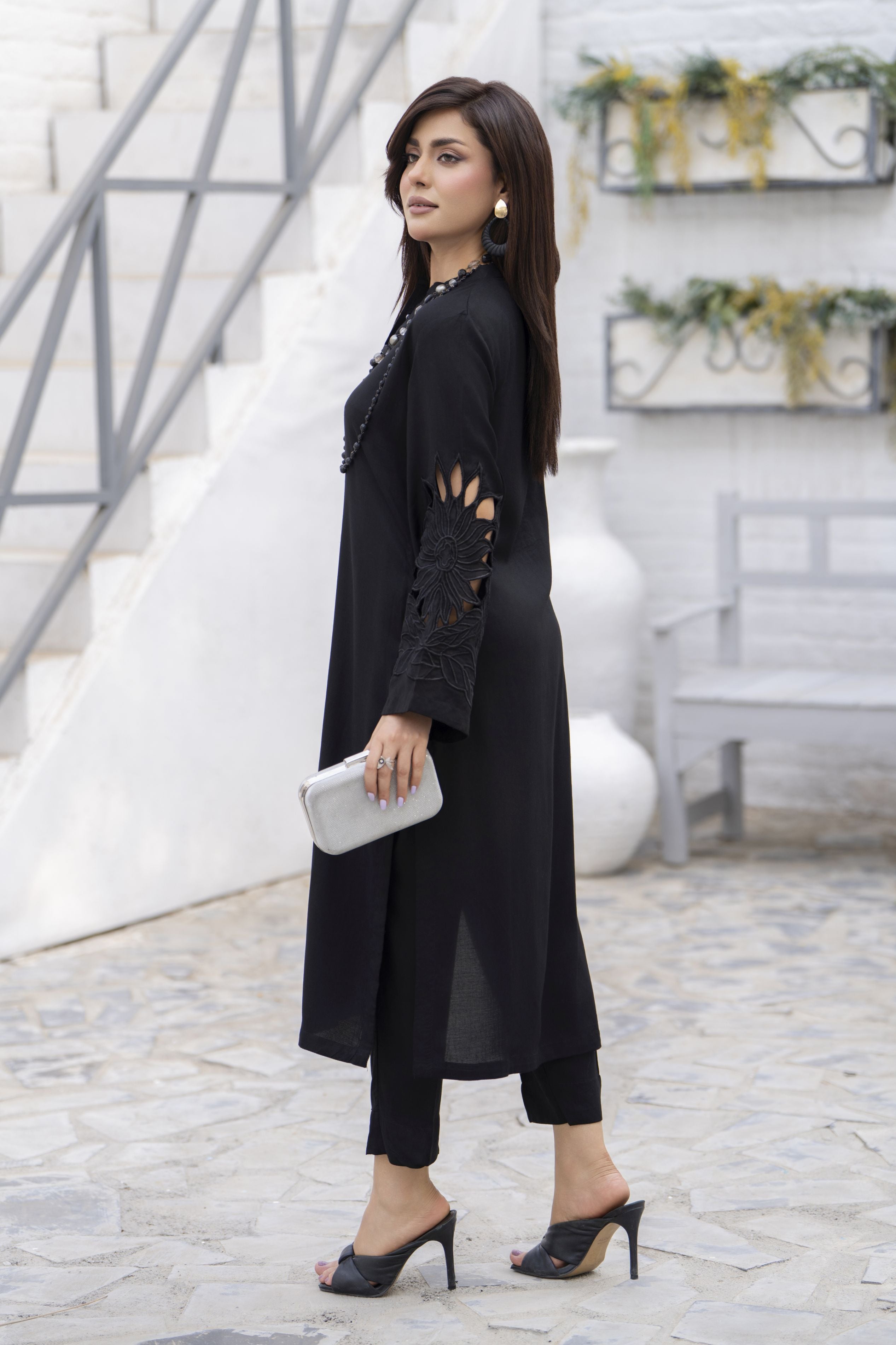 Zaiwa Black Linen 2pc Cutwork Sleeves Designer Womenswear | Sku Code: ZBRW9