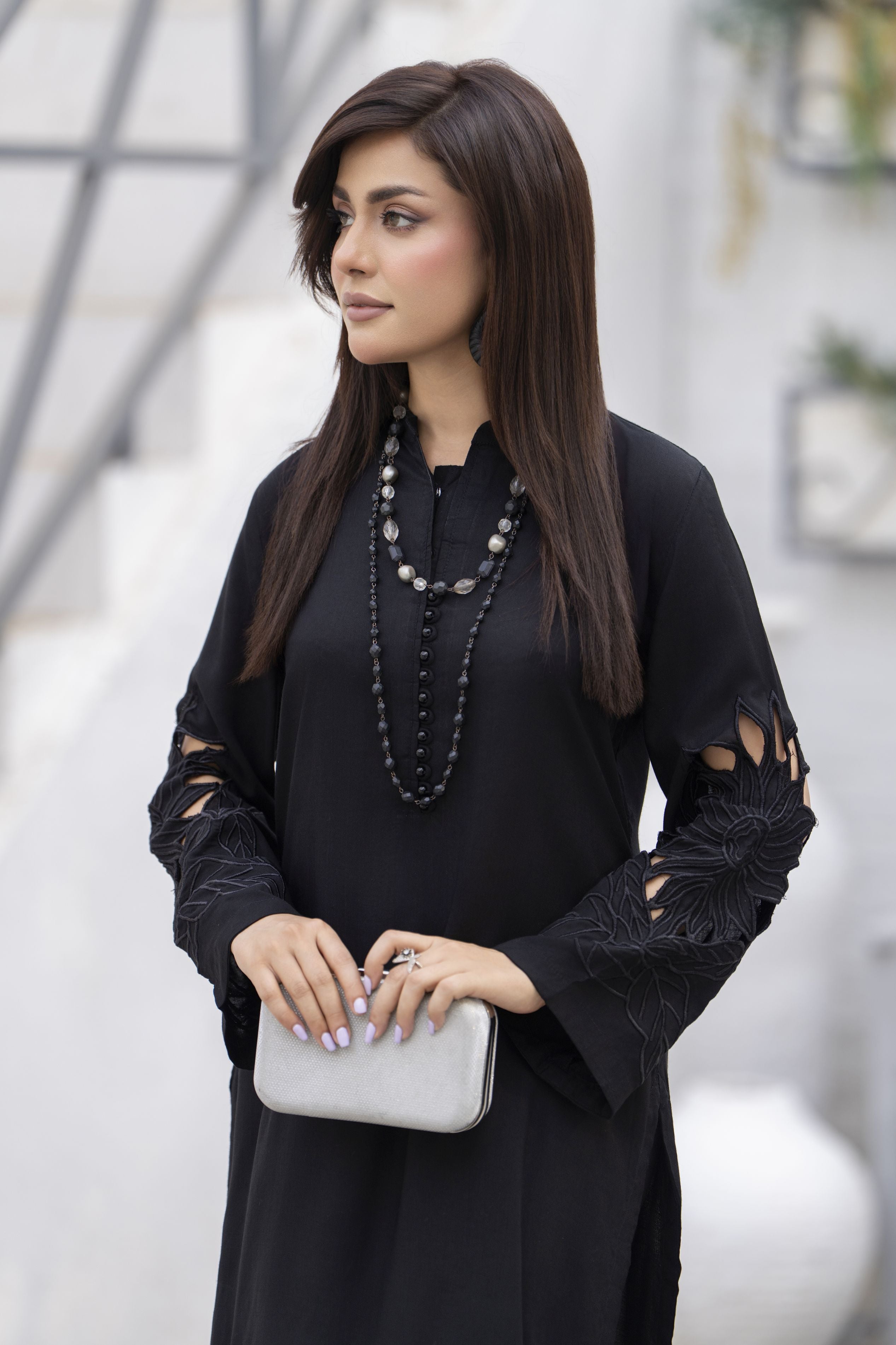 Zaiwa Black Linen 2pc Cutwork Sleeves Designer Womenswear | Sku Code: ZBRW9
