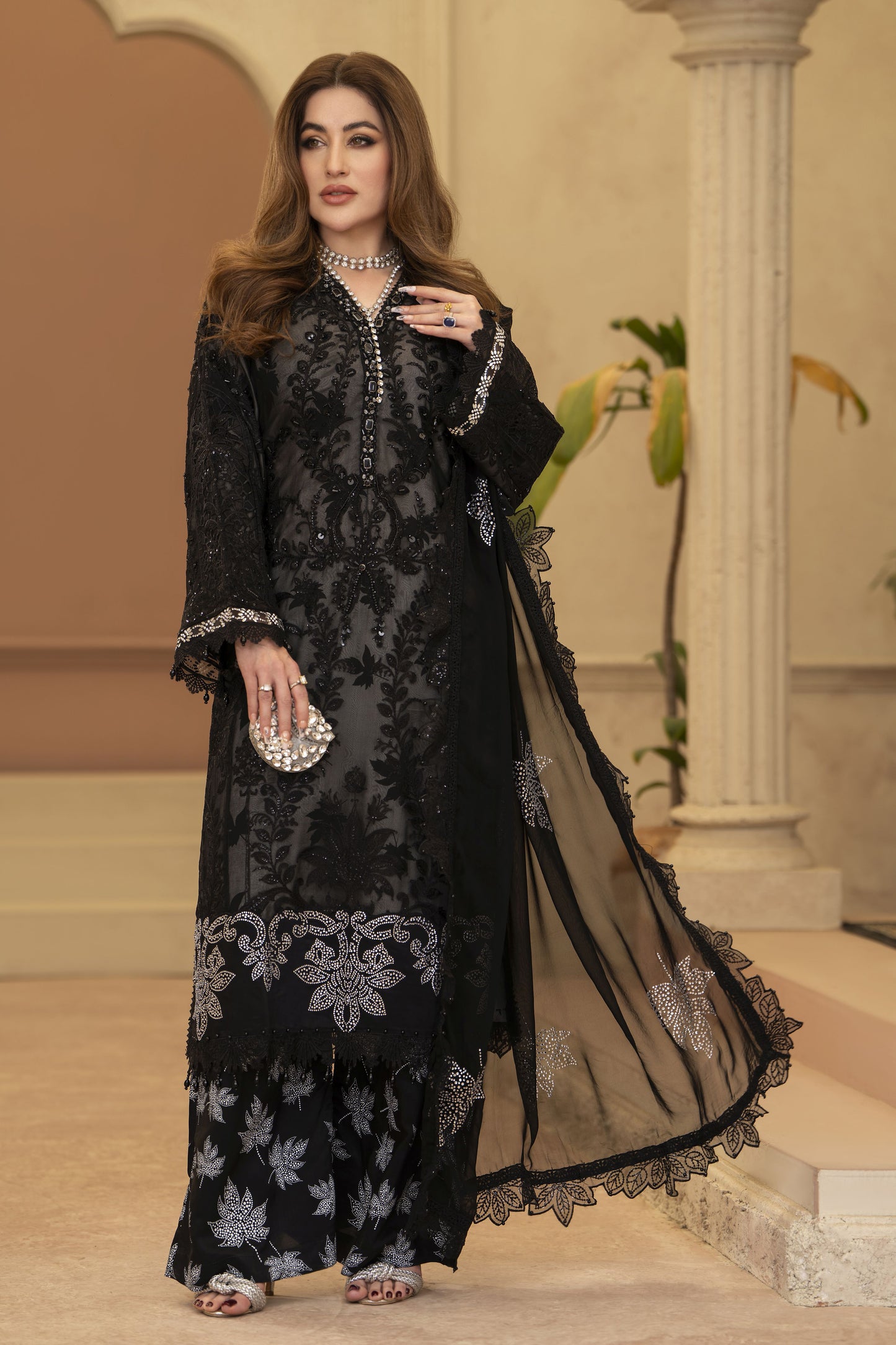Arwah Chandni 3pc Black Handworked Chiffon Suit CR3