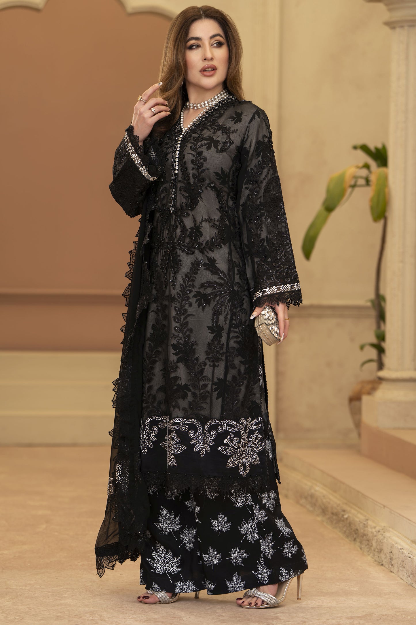 Arwah Chandni 3pc Black Handworked Chiffon Suit CR3