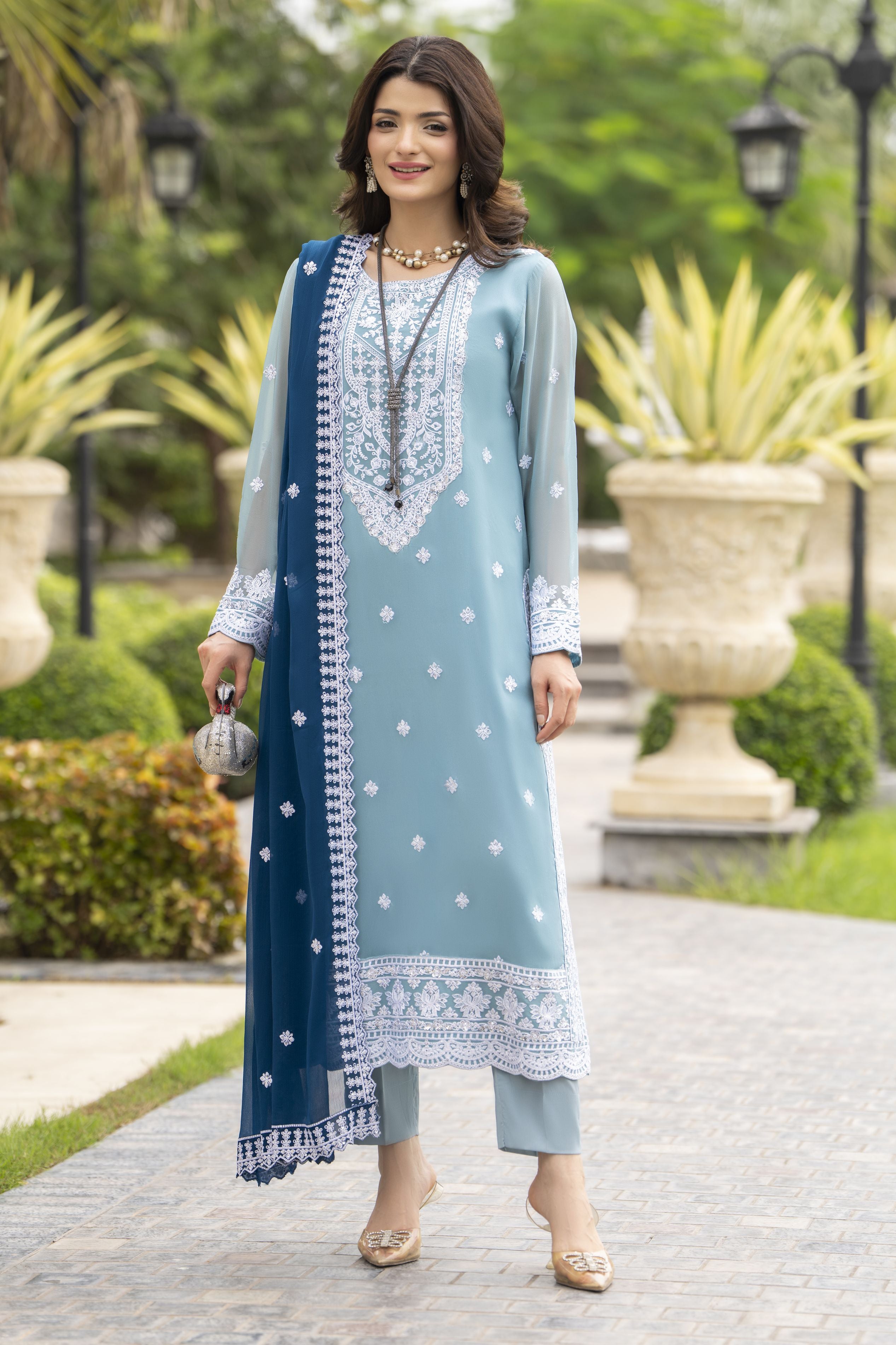 Whispers by Aleezay – Powder Blue Chiffon 3pc Ready to Wear Dress WBA5