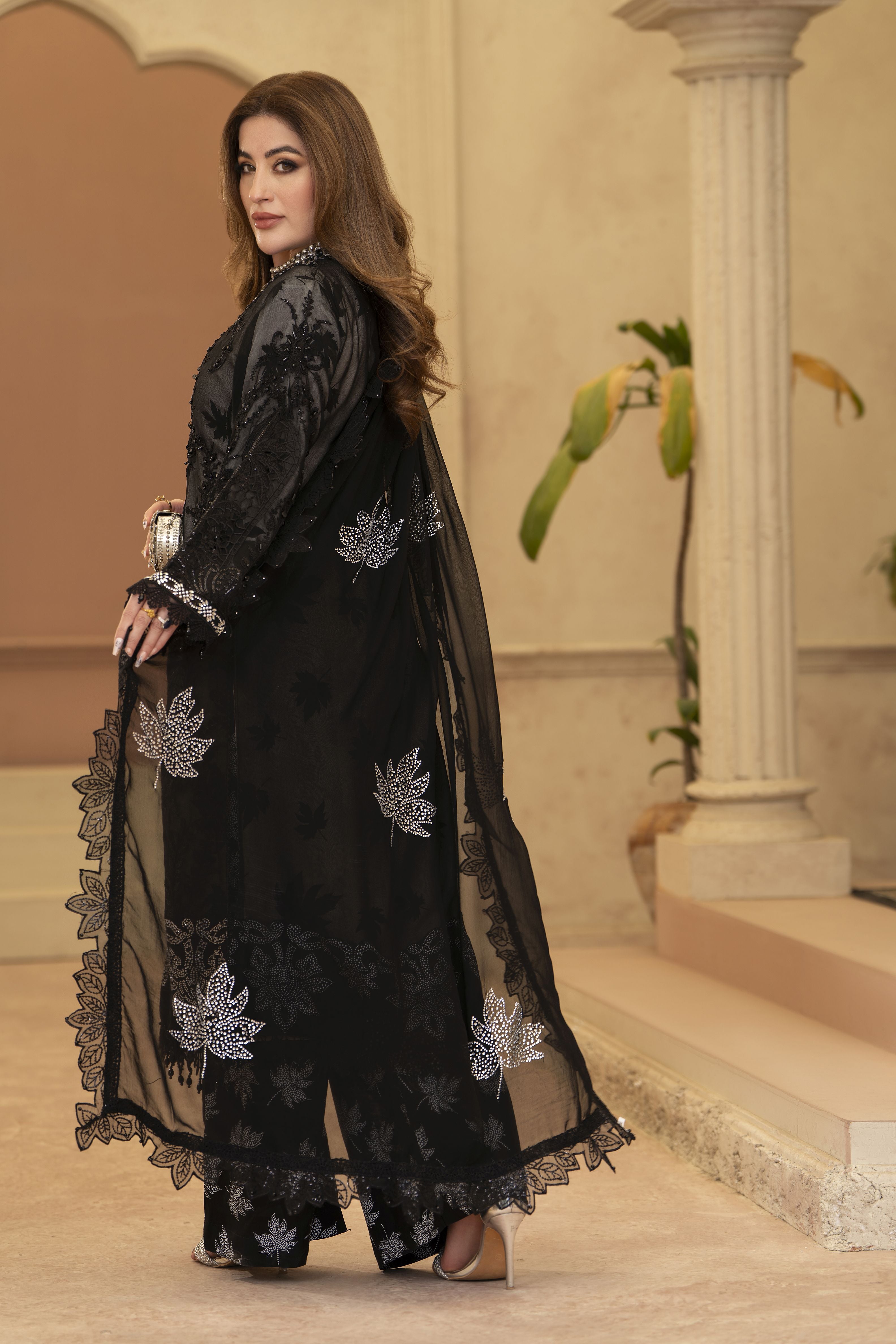 Arwah Chandni 3pc Black Handworked Chiffon Suit CR3
