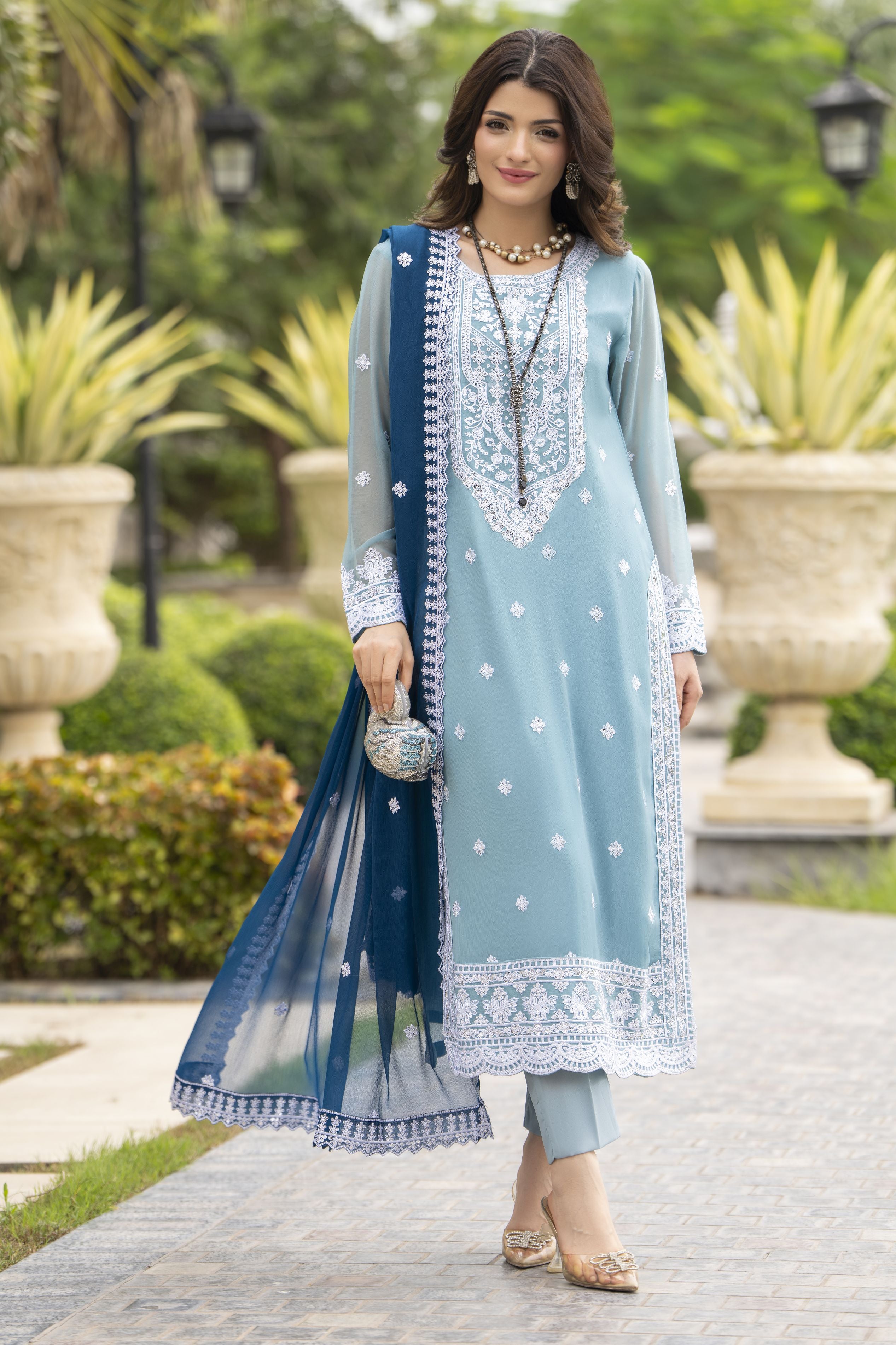 Whispers by Aleezay – Powder Blue Chiffon 3pc Ready to Wear Dress WBA5