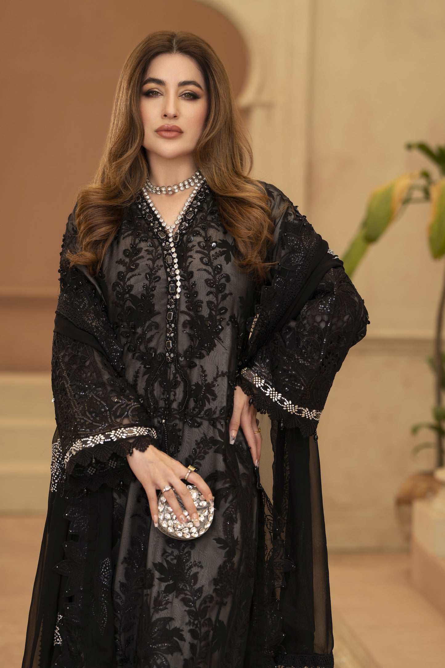 Arwah Chandni 3pc Black Handworked Chiffon Suit CR3