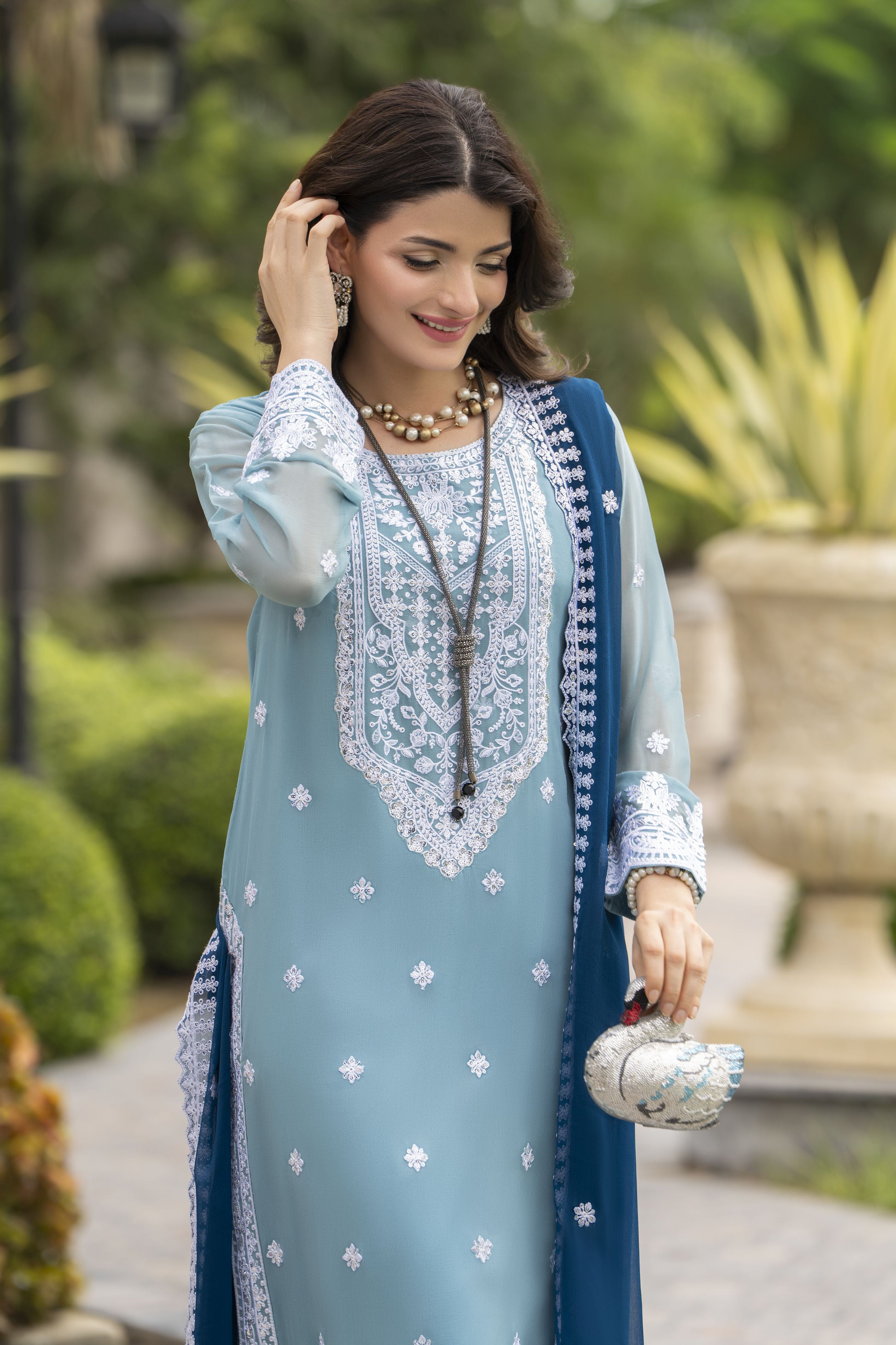 Whispers by Aleezay – Powder Blue Chiffon 3pc Ready to Wear Dress WBA5