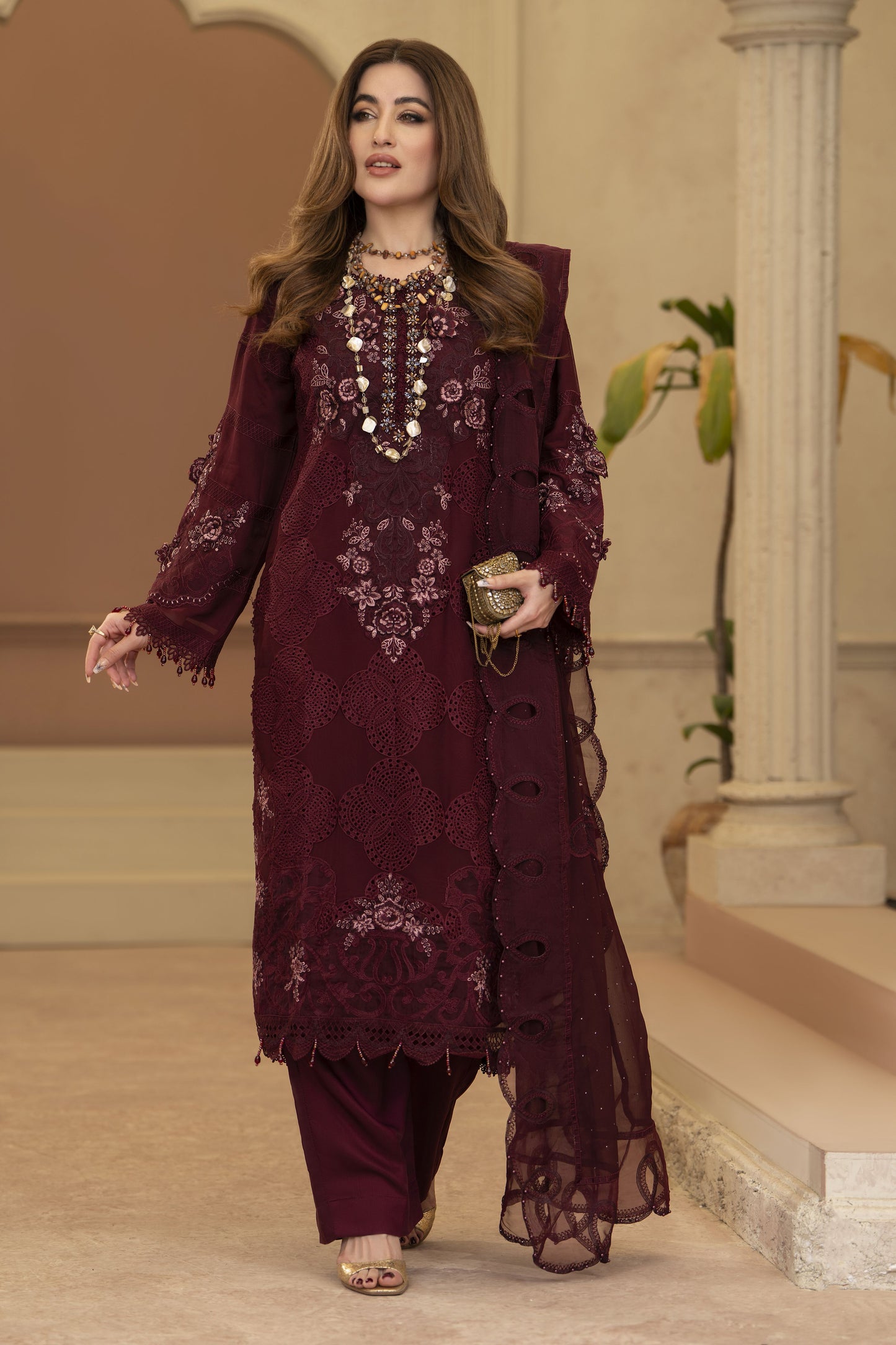 Arwah Chandni 3pc Maroon Chiffon Formal Suit CR5