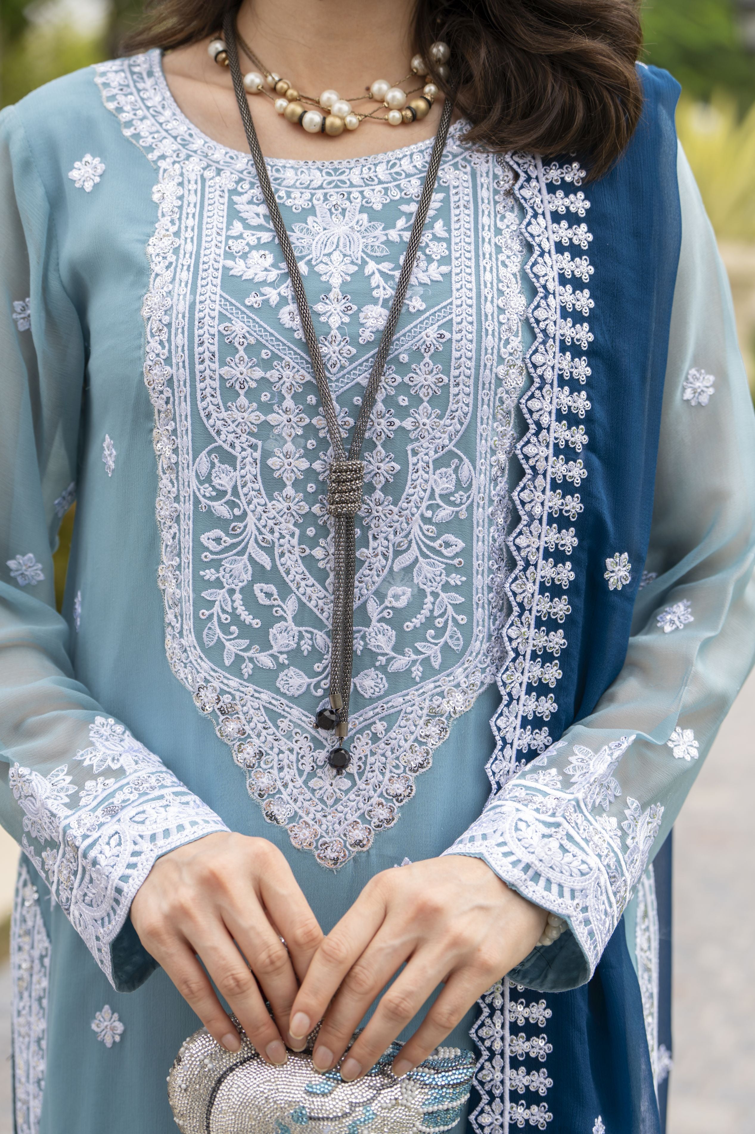 Whispers by Aleezay – Powder Blue Chiffon 3pc Ready to Wear Dress WBA5