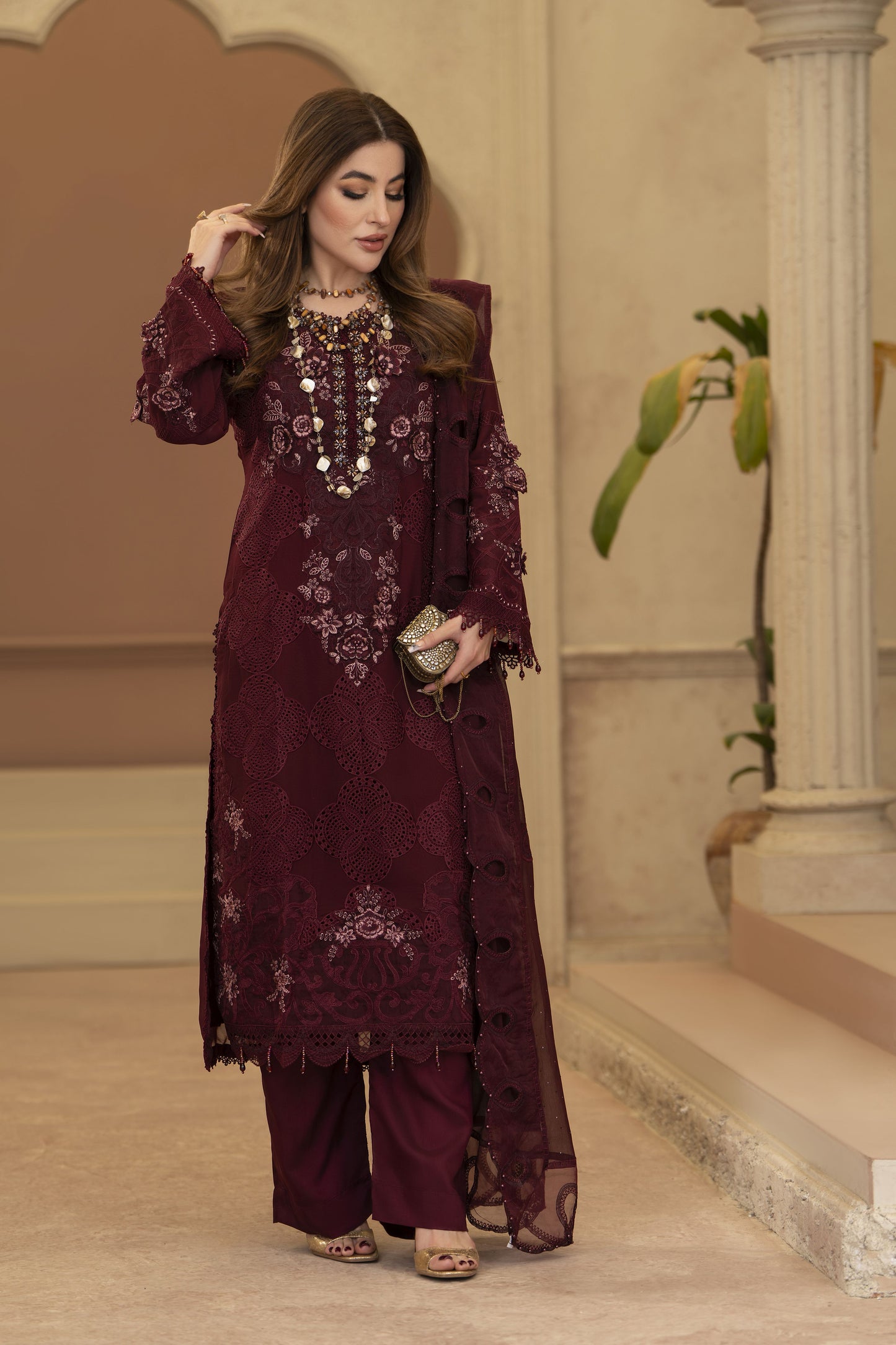 Arwah Chandni 3pc Maroon Chiffon Formal Suit CR5