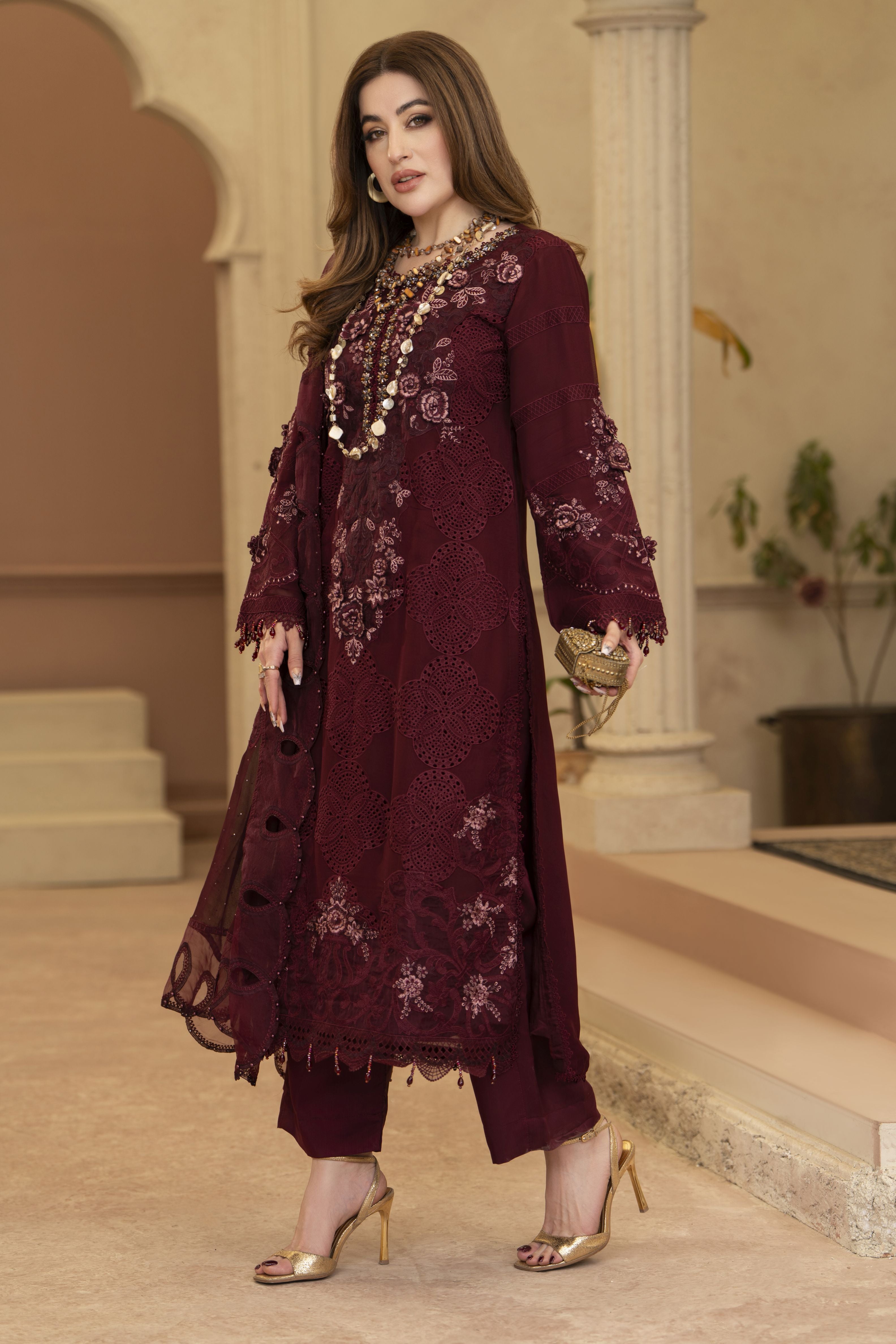 Arwah Chandni 3pc Maroon Chiffon Formal Suit CR5