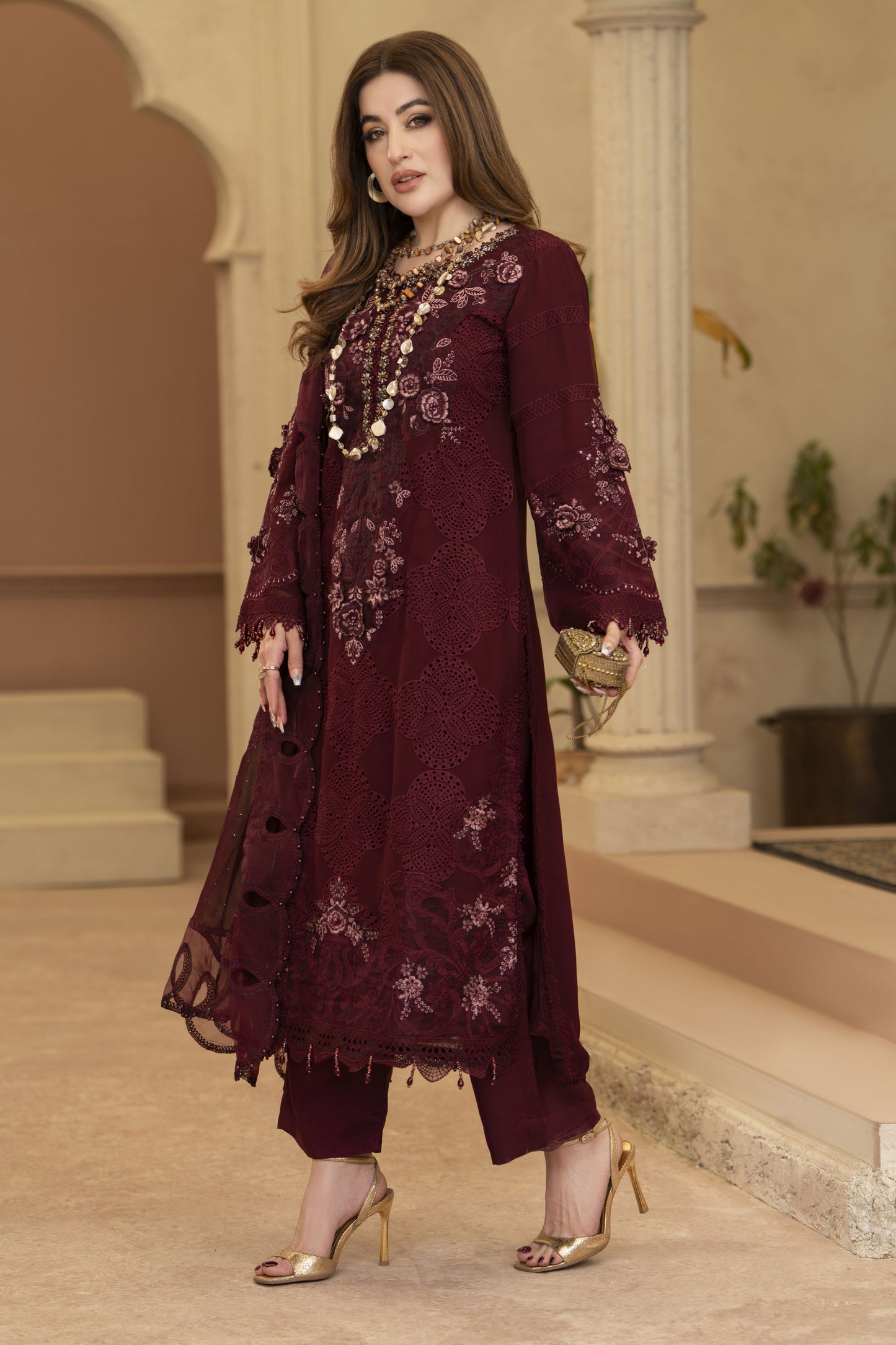 Arwah Chandni 3pc Maroon Chiffon Formal Suit CR5
