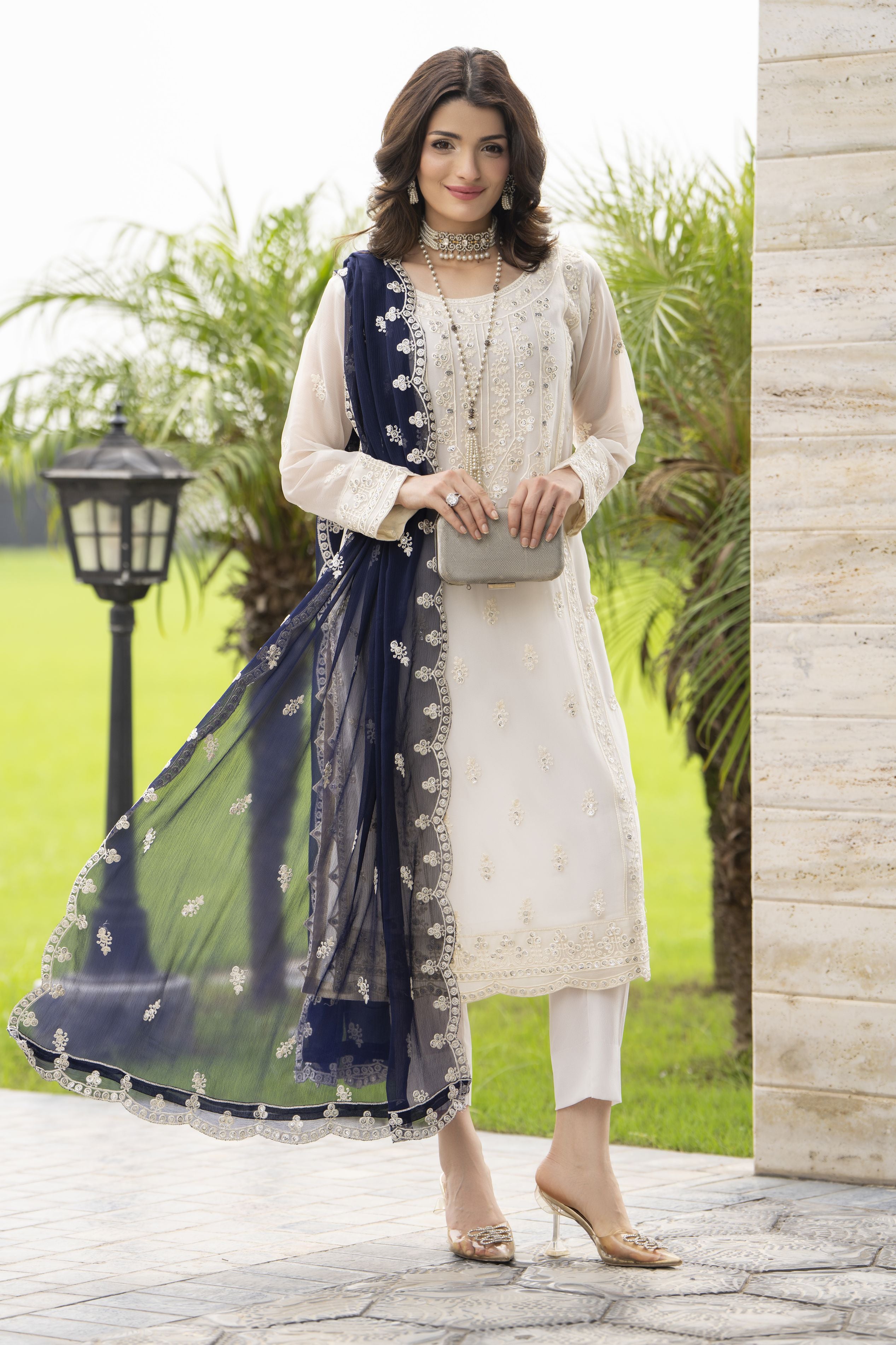 Whispers by Aleezay – Ivory Chiffon 3pc Ready to Wear Dress WBA7