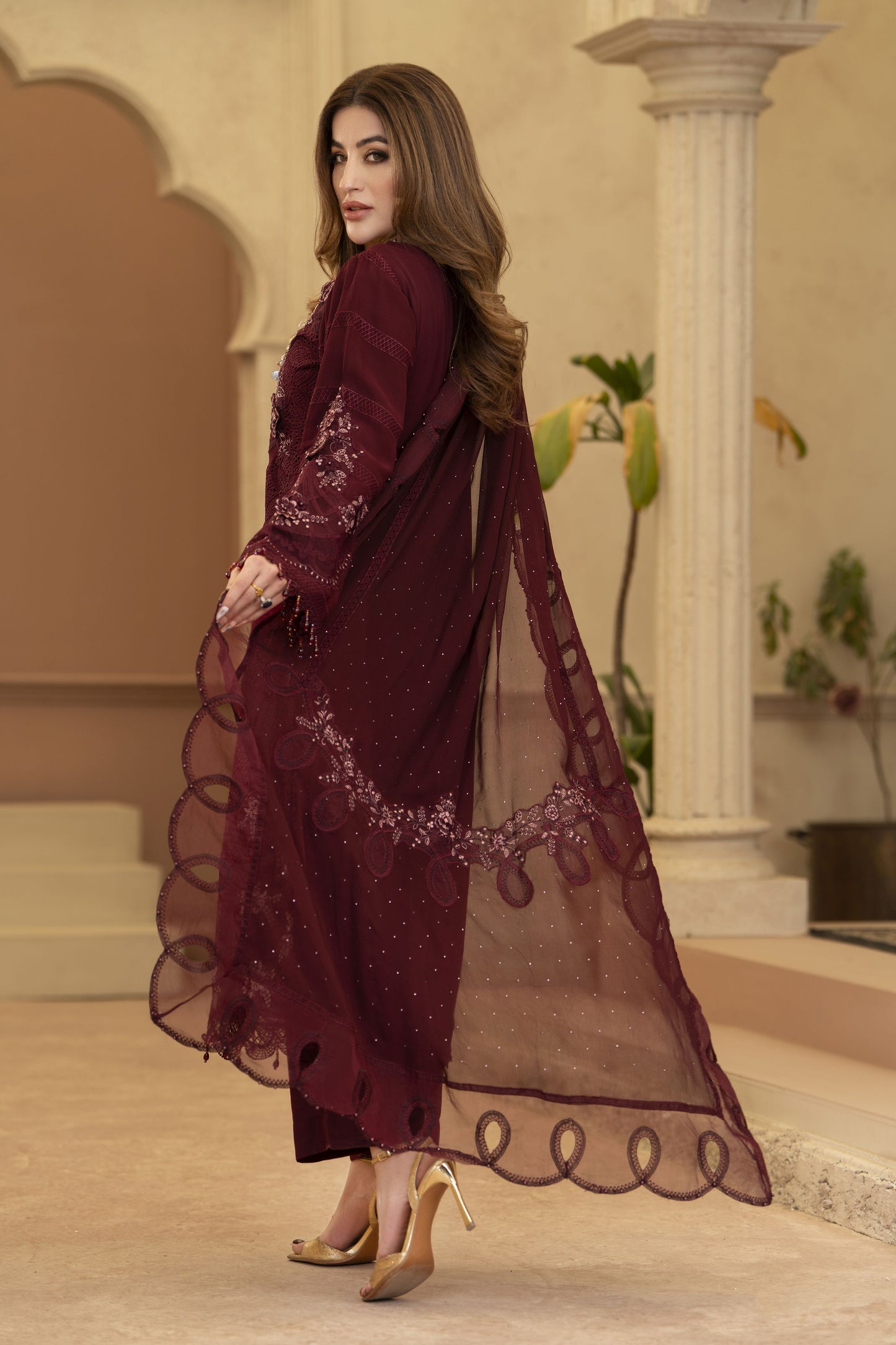 Arwah Chandni 3pc Maroon Chiffon Formal Suit CR5