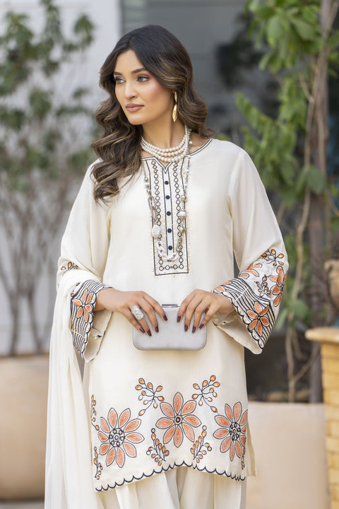 Ivory Floral Embroidered 3pc Short Shirt & Farshi Shalwar Set – Roshni4 by Gul Warun