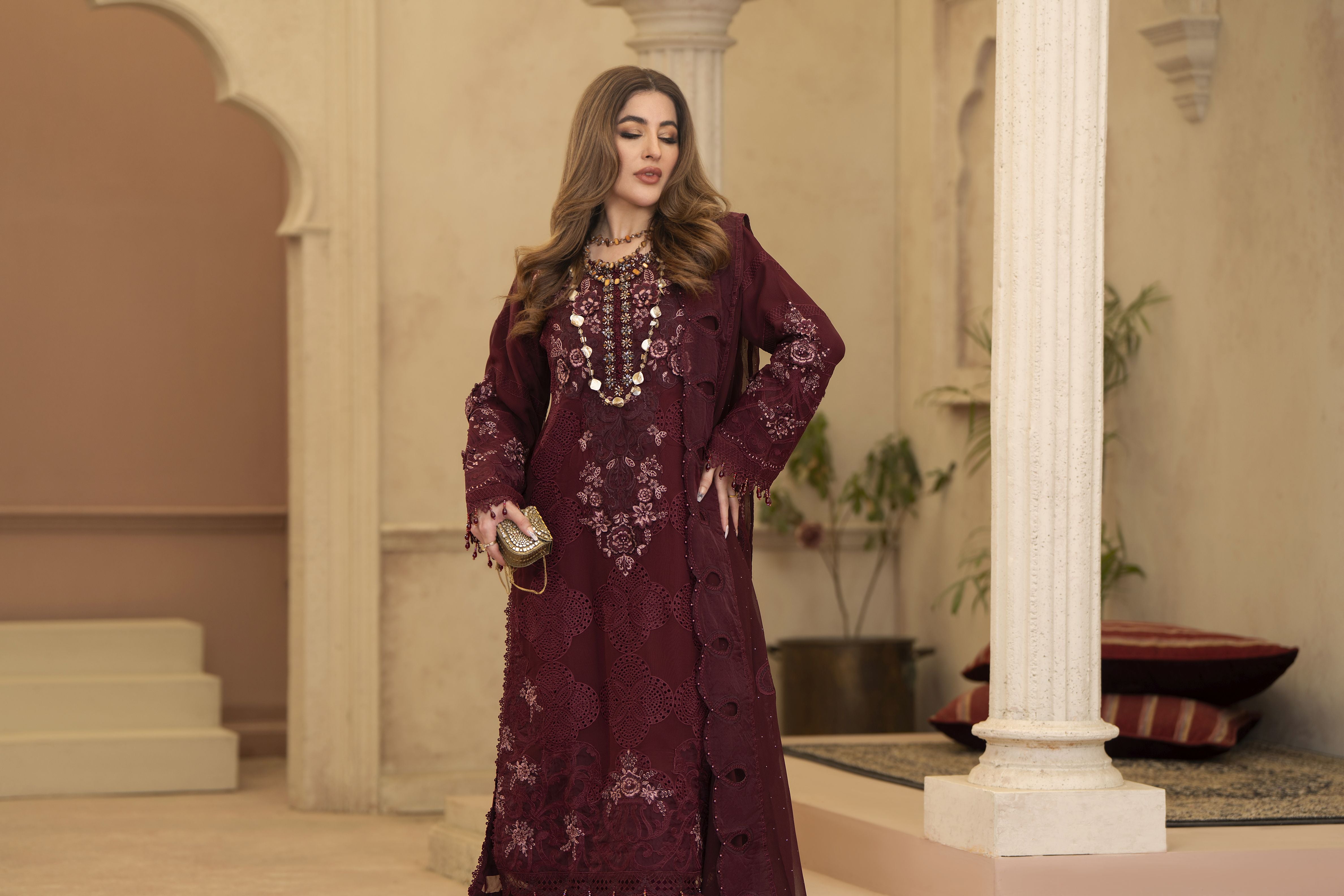Arwah Chandni 3pc Maroon Chiffon Formal Suit CR5