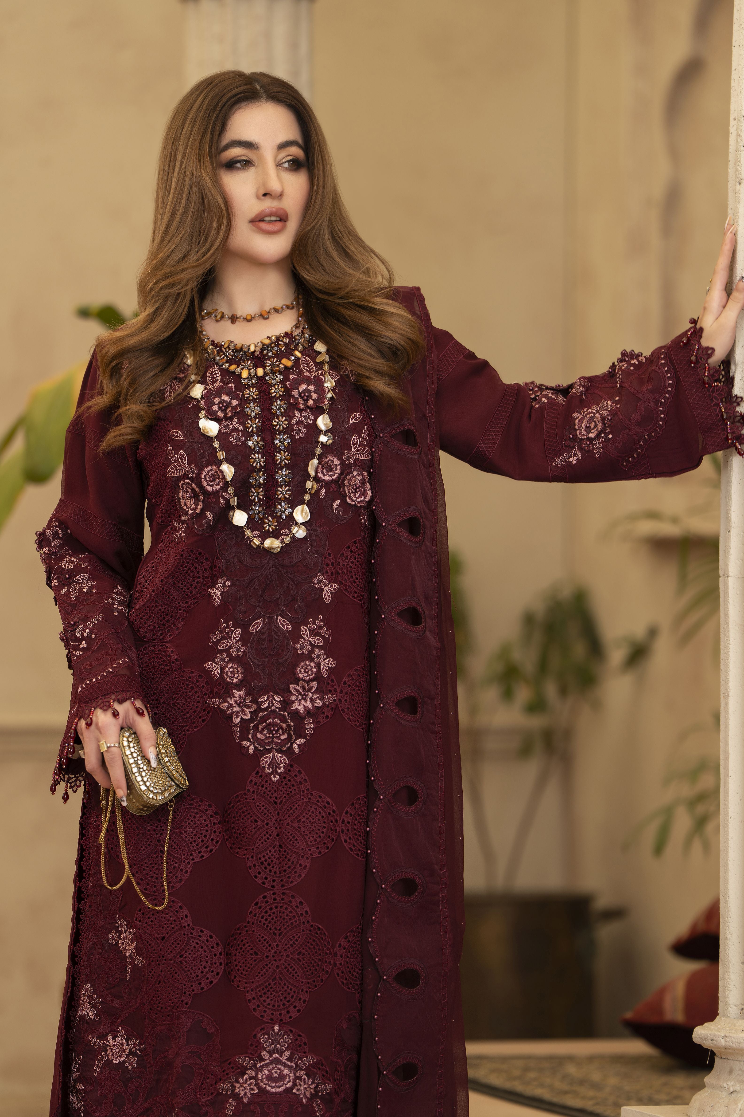 Arwah Chandni 3pc Maroon Chiffon Formal Suit CR5