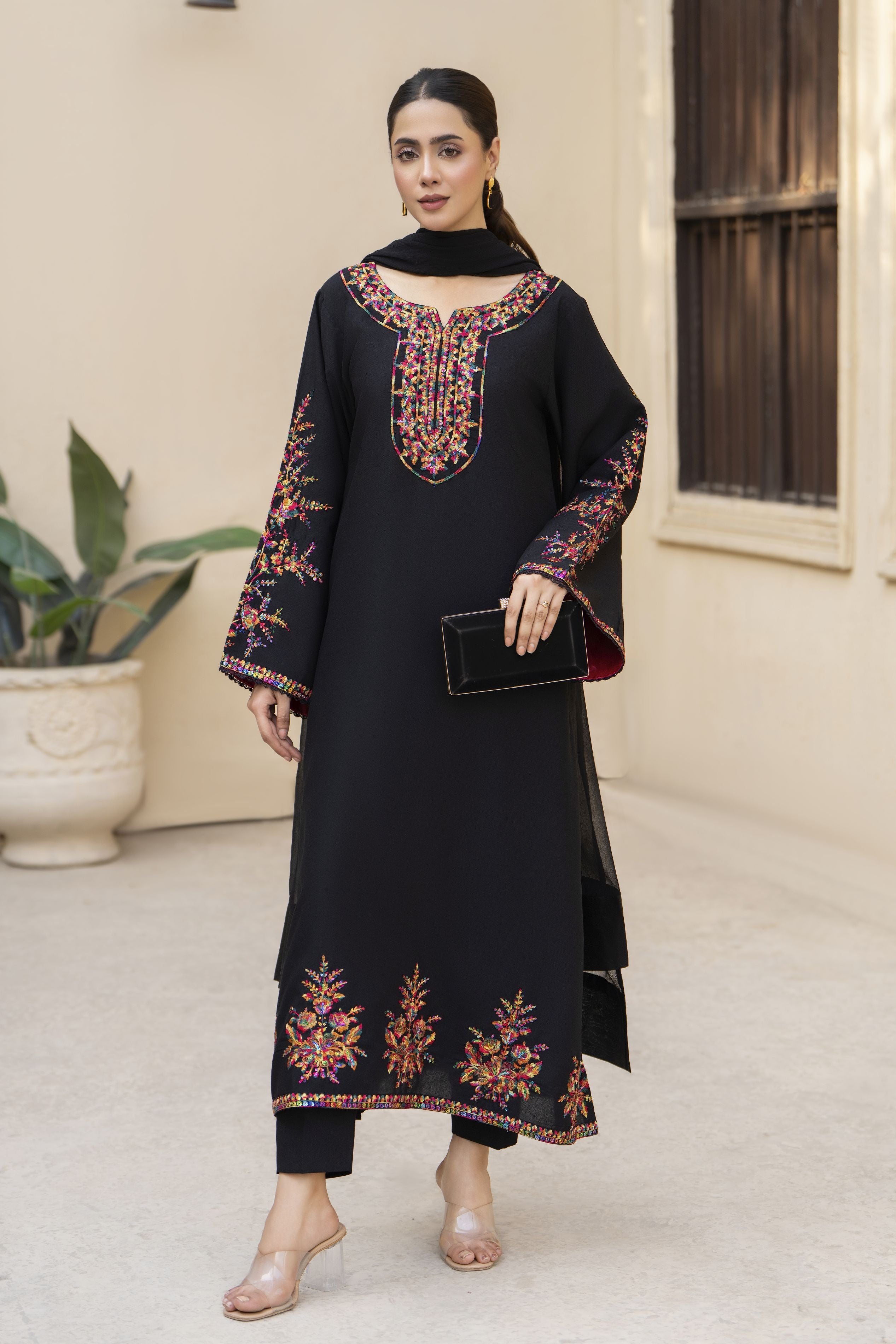 Elegant Black Embroidered 3pc Poly Linen Suit – GWPL01 by Gul Warun