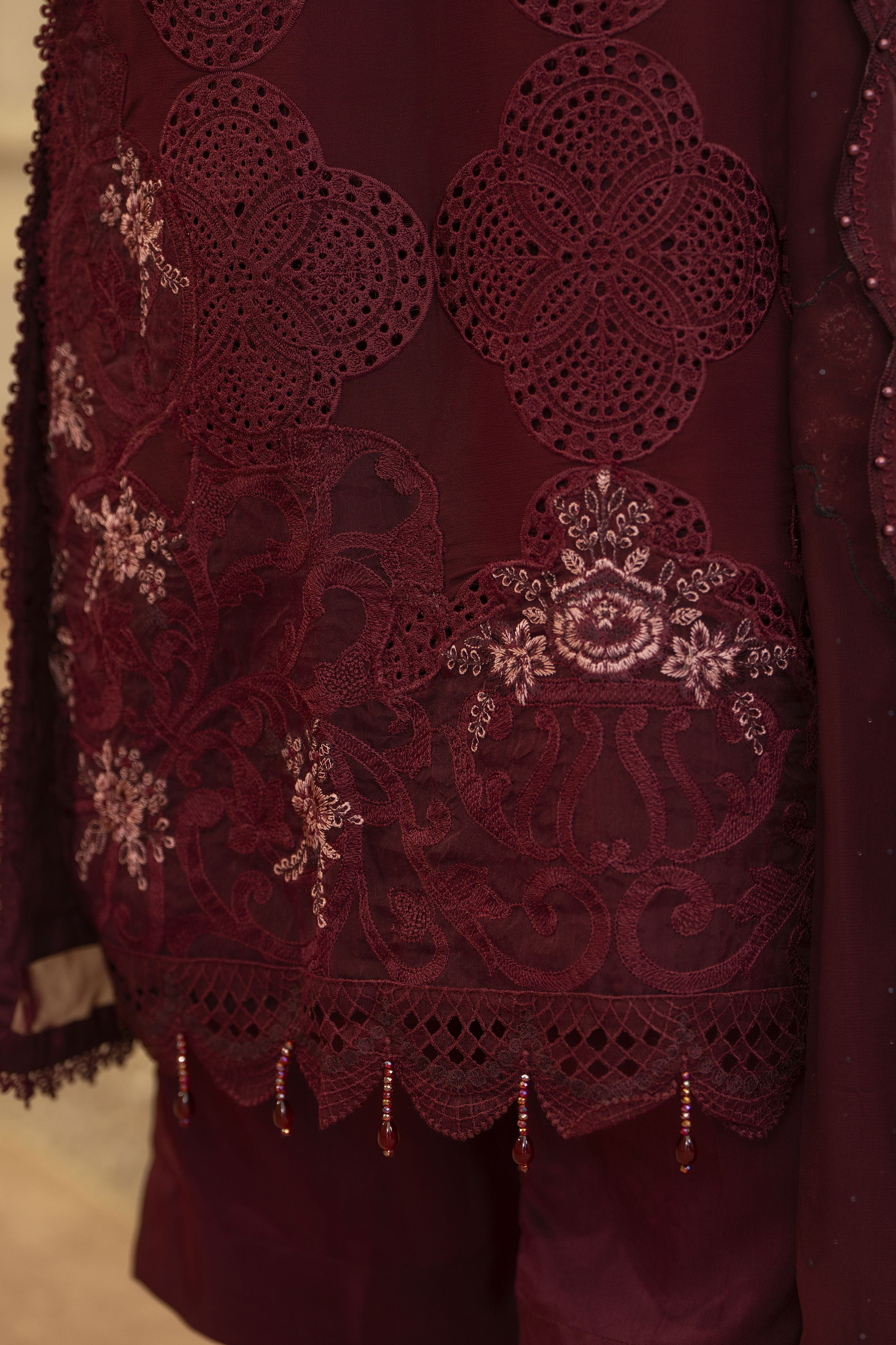 Arwah Chandni 3pc Maroon Chiffon Formal Suit CR5