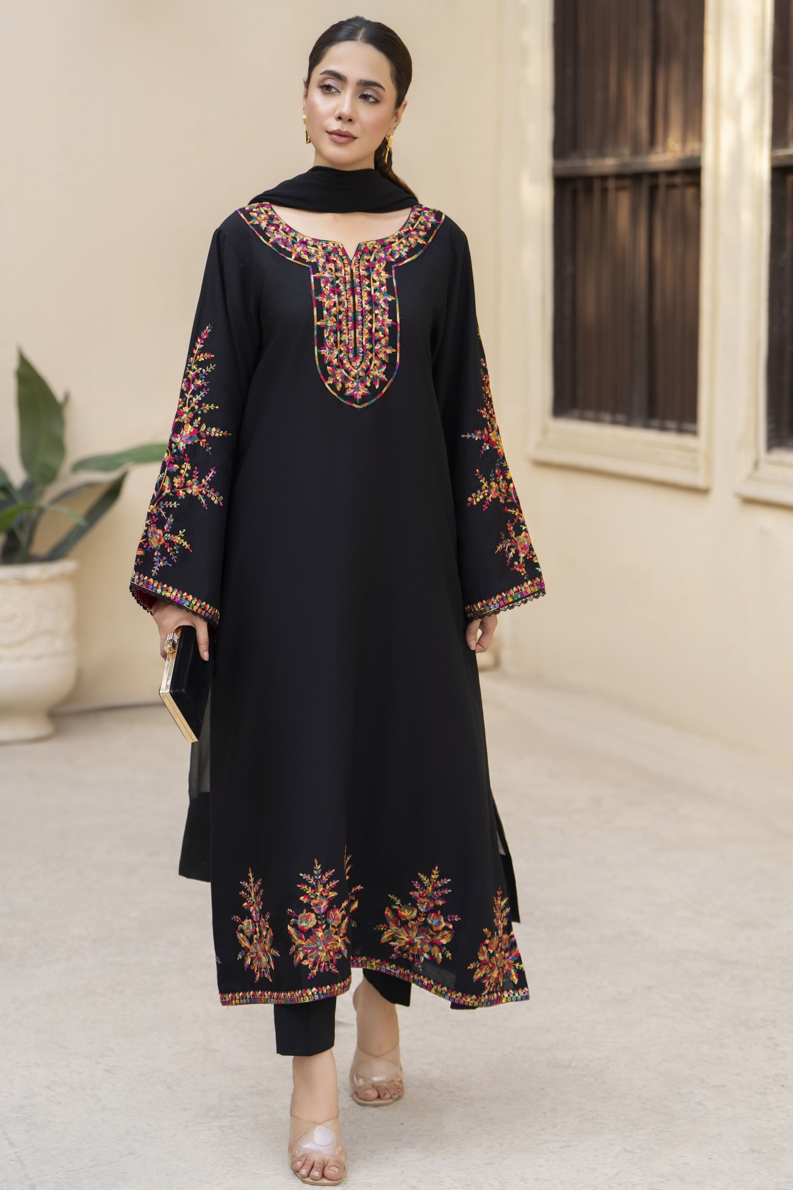 Elegant Black Embroidered 3pc Poly Linen Suit – GWPL01 by Gul Warun