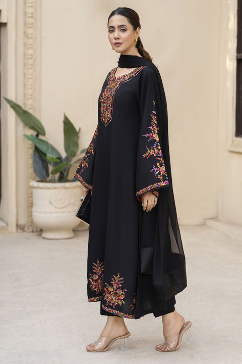 Elegant Black Embroidered 3pc Poly Linen Suit – GWPL01 by Gul Warun