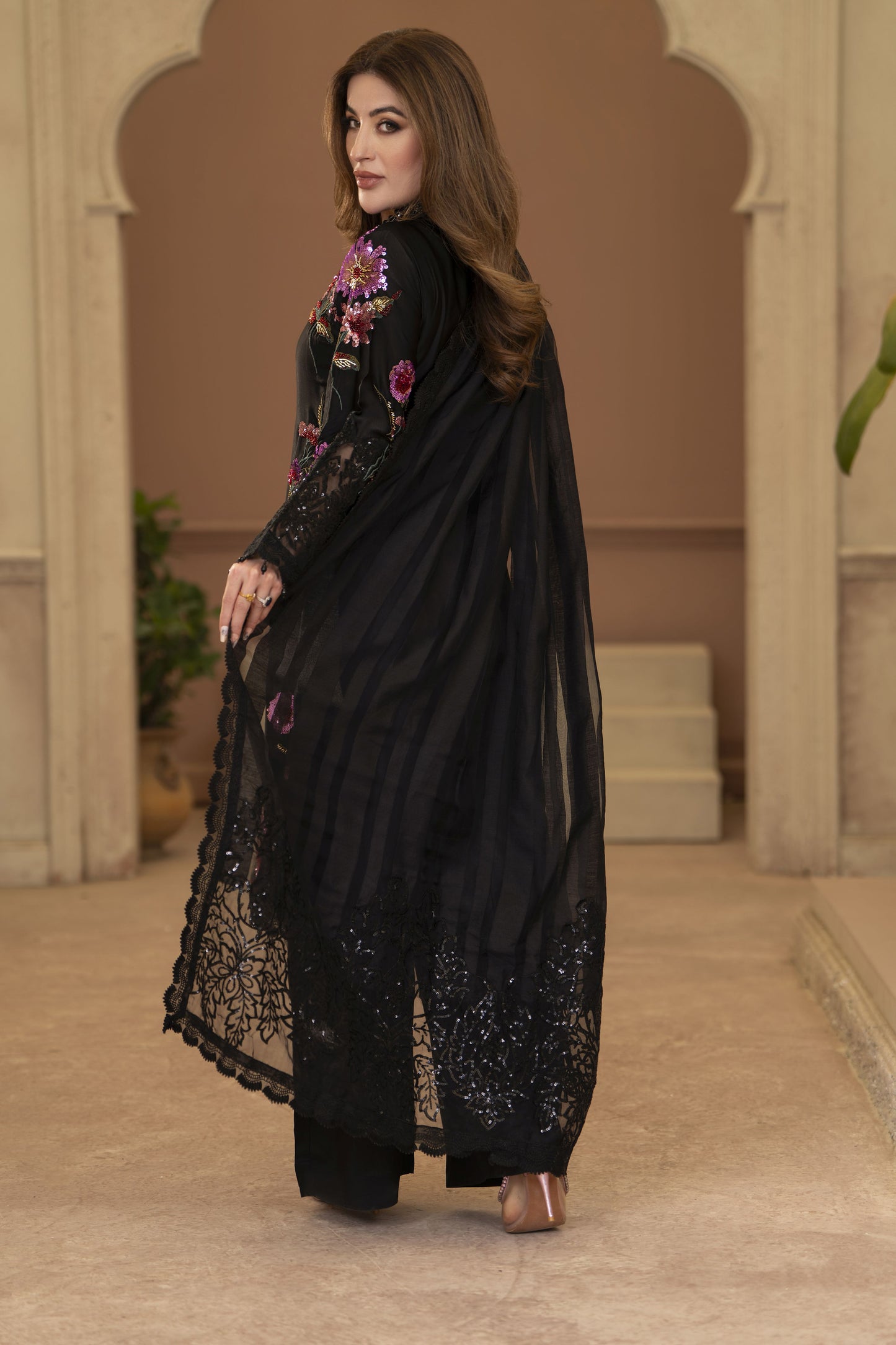 Arwah Chandni 3pc Black Silk Sequin Formal Suit CR7