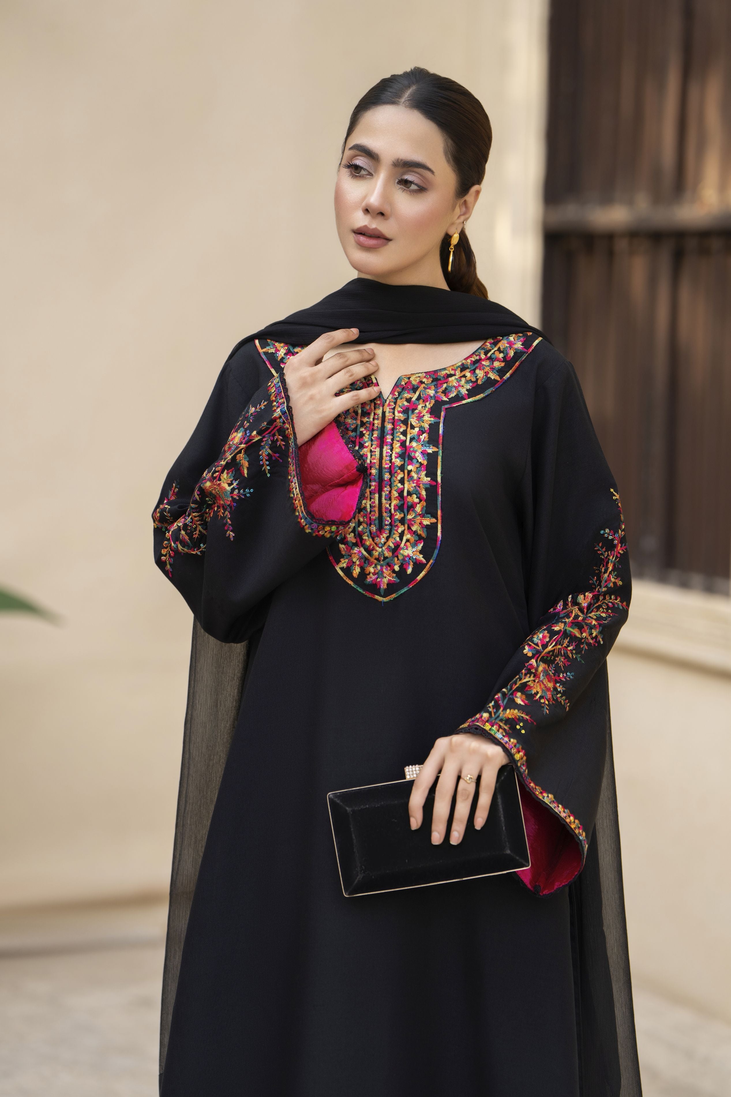 Elegant Black Embroidered 3pc Poly Linen Suit – GWPL01 by Gul Warun