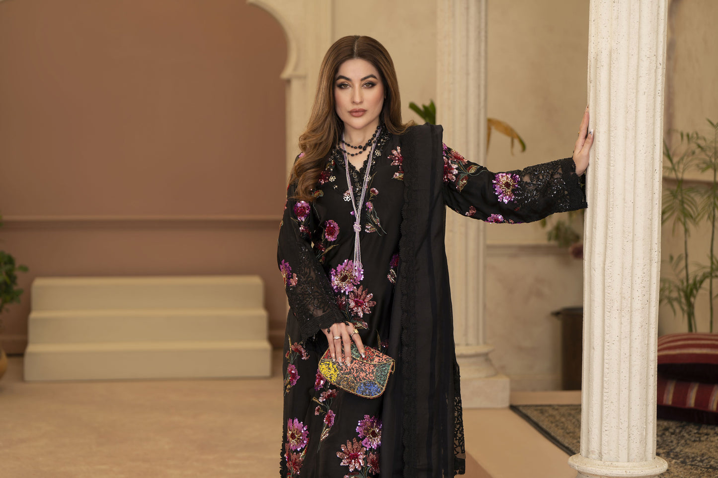 Arwah Chandni 3pc Black Silk Sequin Formal Suit CR7