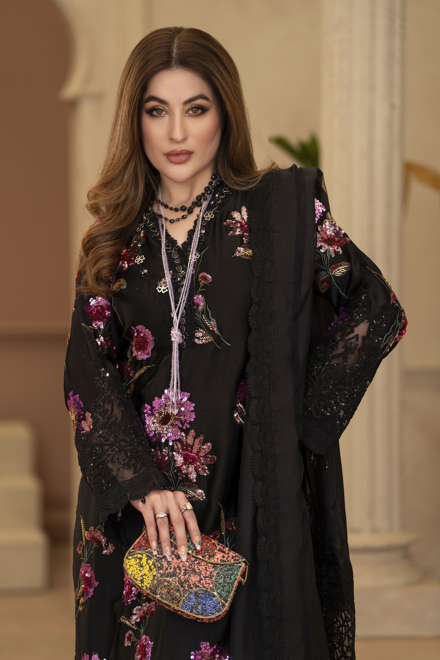 Arwah Chandni 3pc Black Silk Sequin Formal Suit CR7