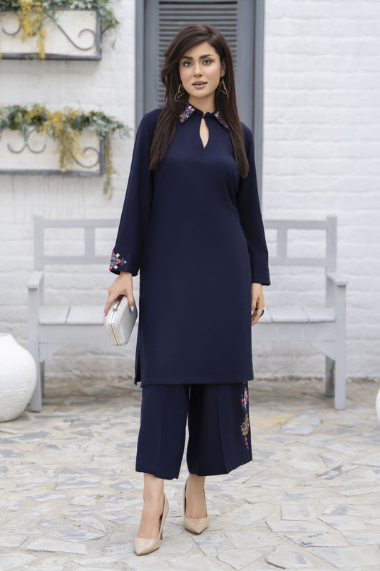 Zaiwa Navy Blue 2PC Ready to Wear Embroidered Linen Suit with Mirror Work LTZ7