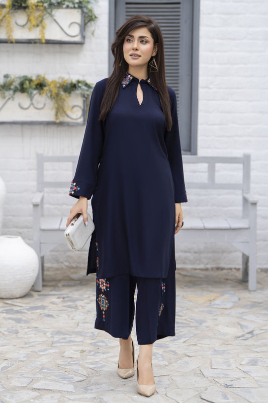 Zaiwa Navy Blue 2PC Ready to Wear Embroidered Linen Suit with Mirror Work LTZ7