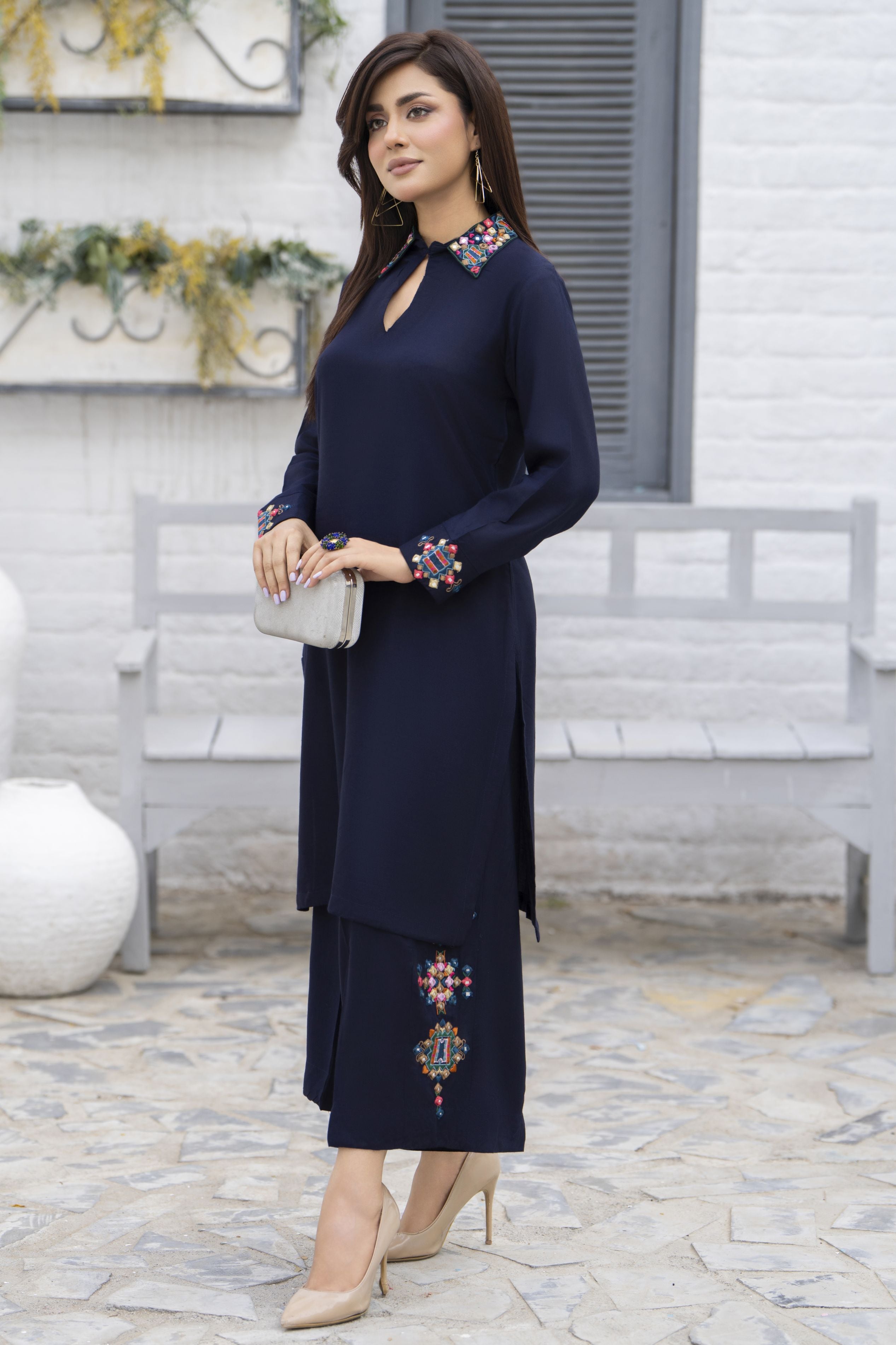 Zaiwa Navy Blue 2PC Ready to Wear Embroidered Linen Suit with Mirror Work LTZ7